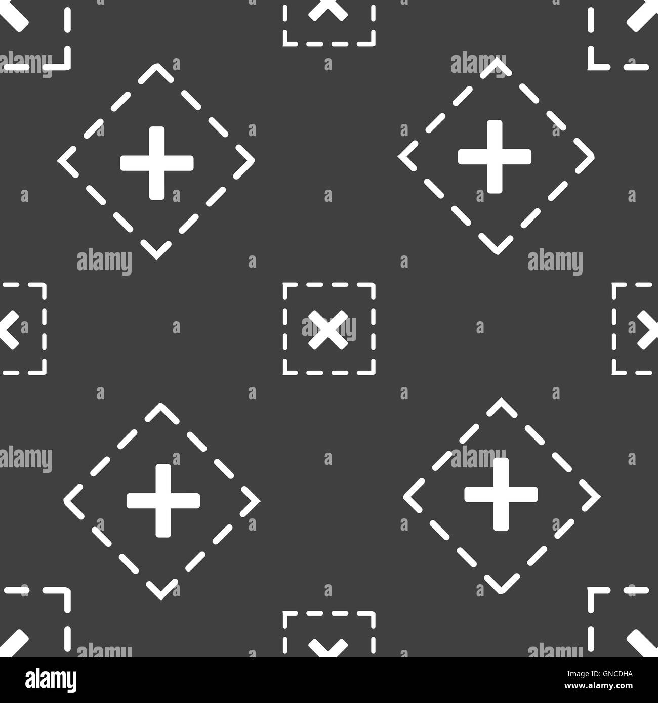 Cross in square icon sign. Seamless pattern on a gray background. Vector Stock Vector