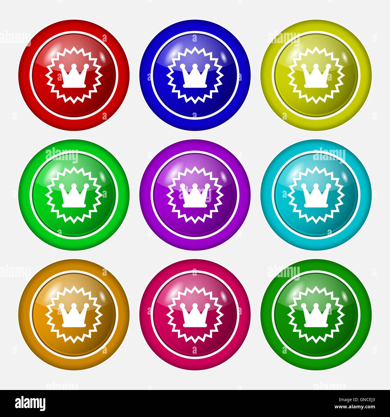 ?rown icon sign. symbol on nine round colourful buttons. Vector Stock Vector