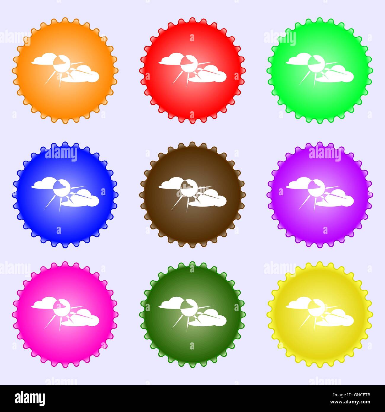 sun behind cloud icon sign. Big set of colorful, diverse, high-quality buttons. Vector Stock Vector