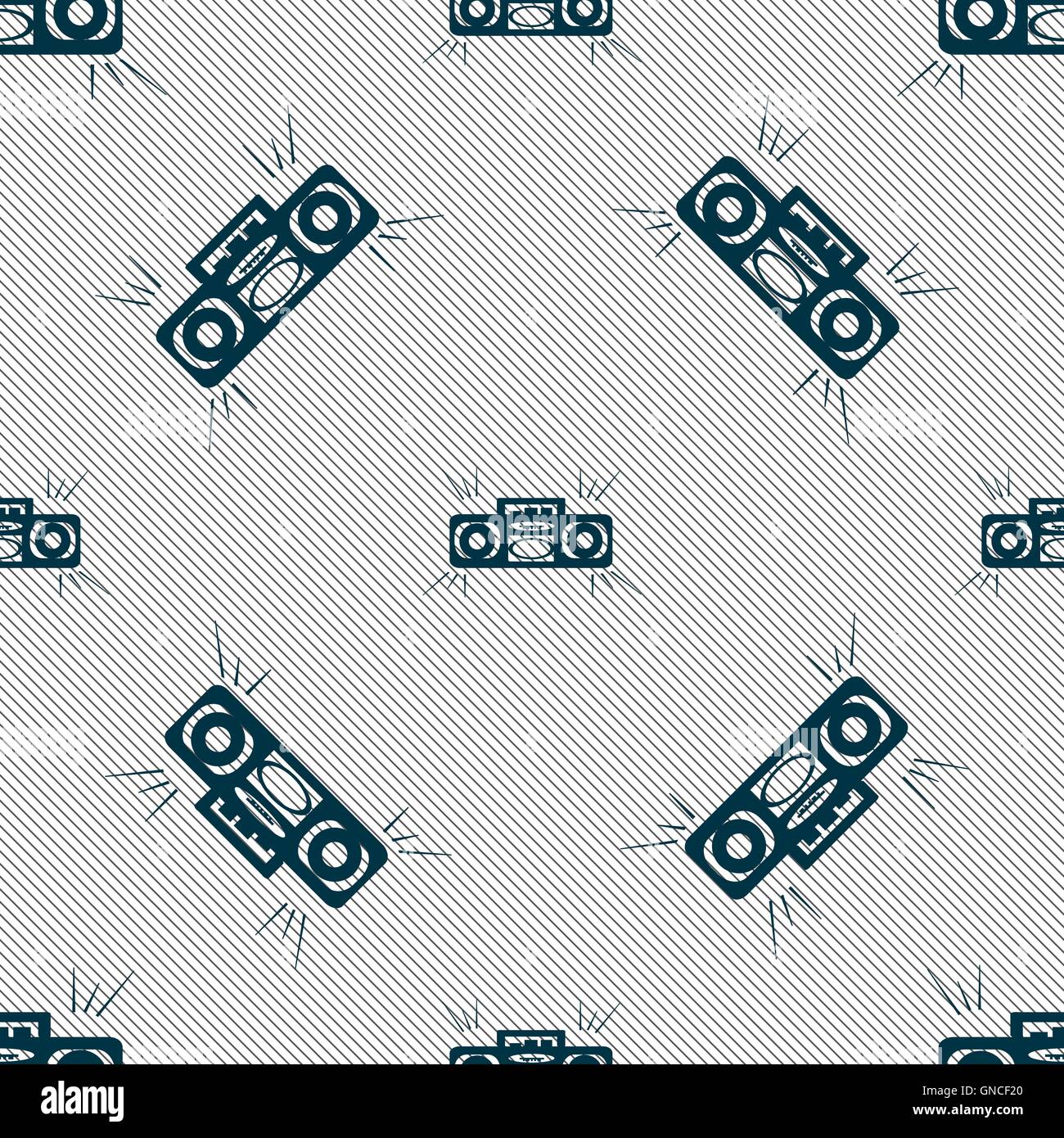 Radio cassette player icon sign. Seamless pattern with geometric texture. Vector Stock Vector