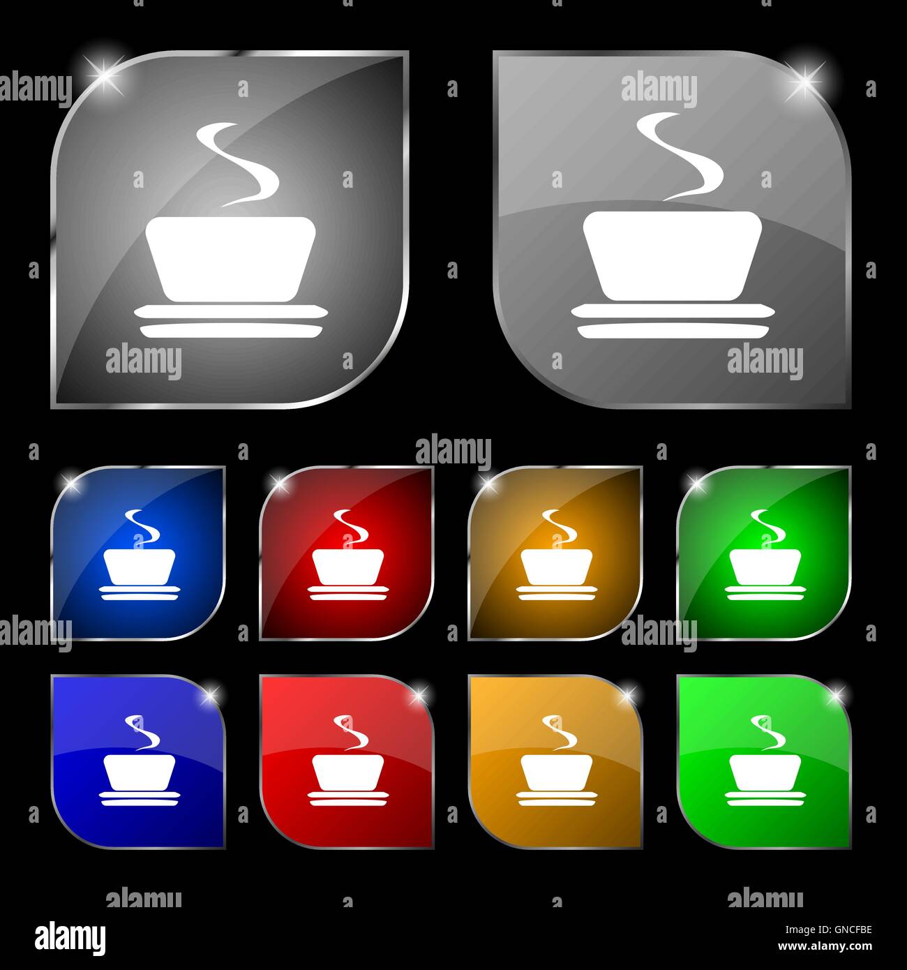 coffee, tea icon sign. Set of ten colorful buttons with glare. Vector Stock Vector