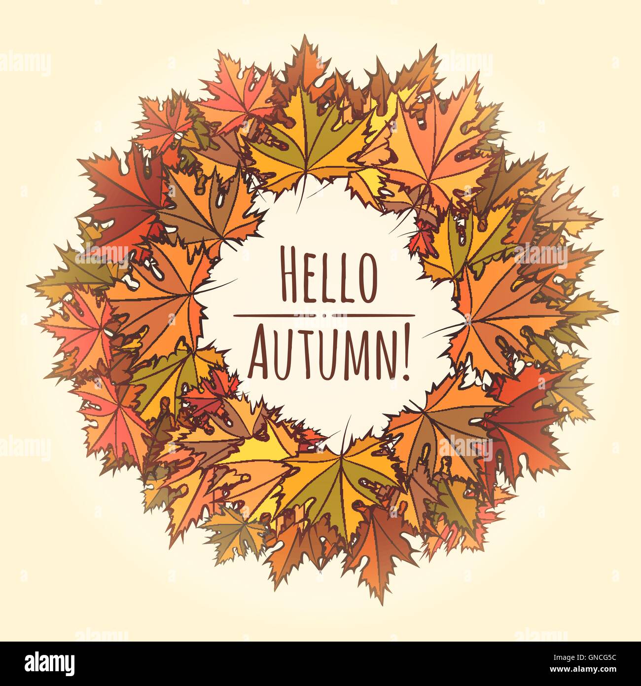 Autumn round frame with hand drawn leaves and wording Hello Autumn. Stock Vector
