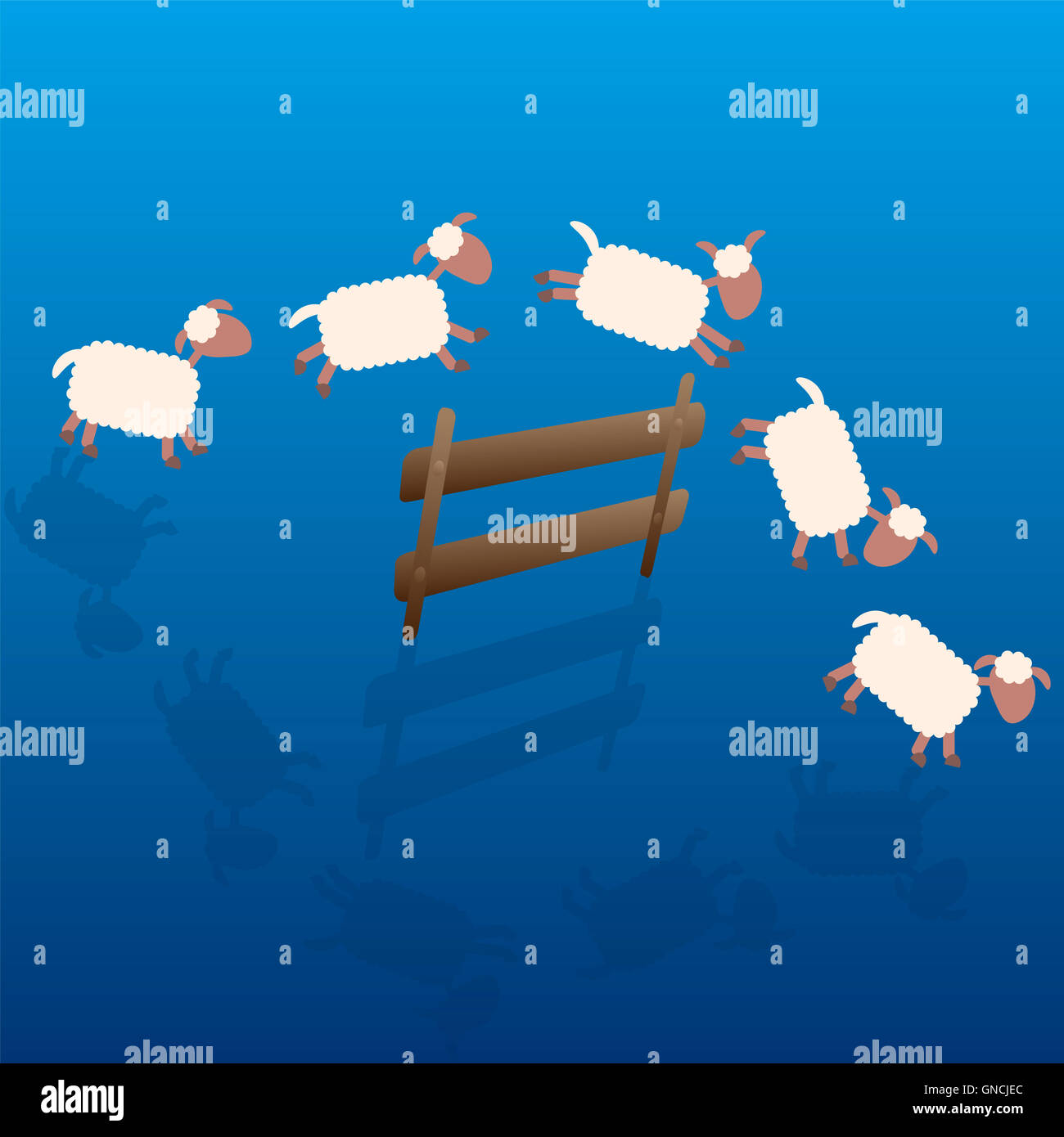 Counting sheep - cartoon illustration of sheep jumping over a wooden fence at night. Stock Photo