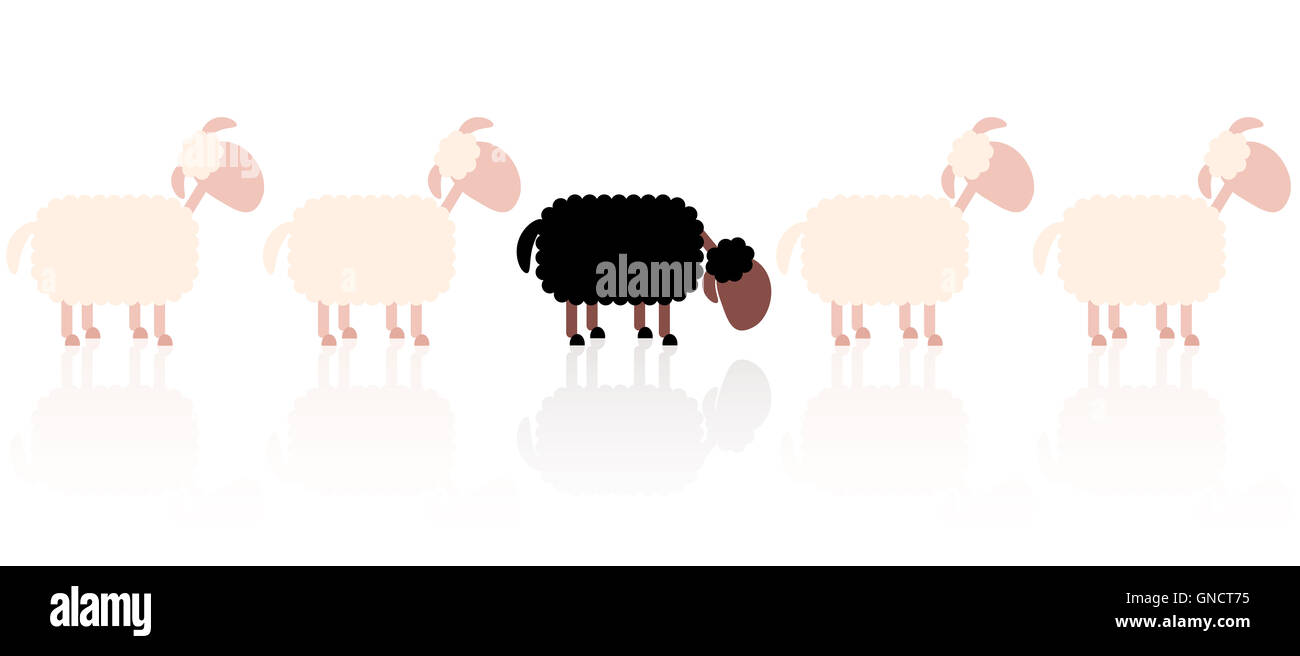 Bad seed - sad black sheep between white sheep. Stock Photo