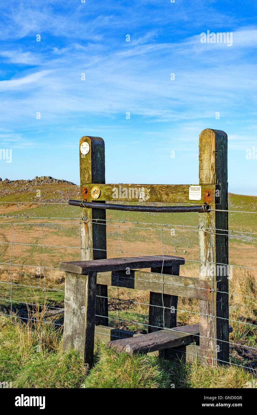 A footpath stile near Rough Tor on Bodmin Moor in Cornwall, England, UK Stock Photo