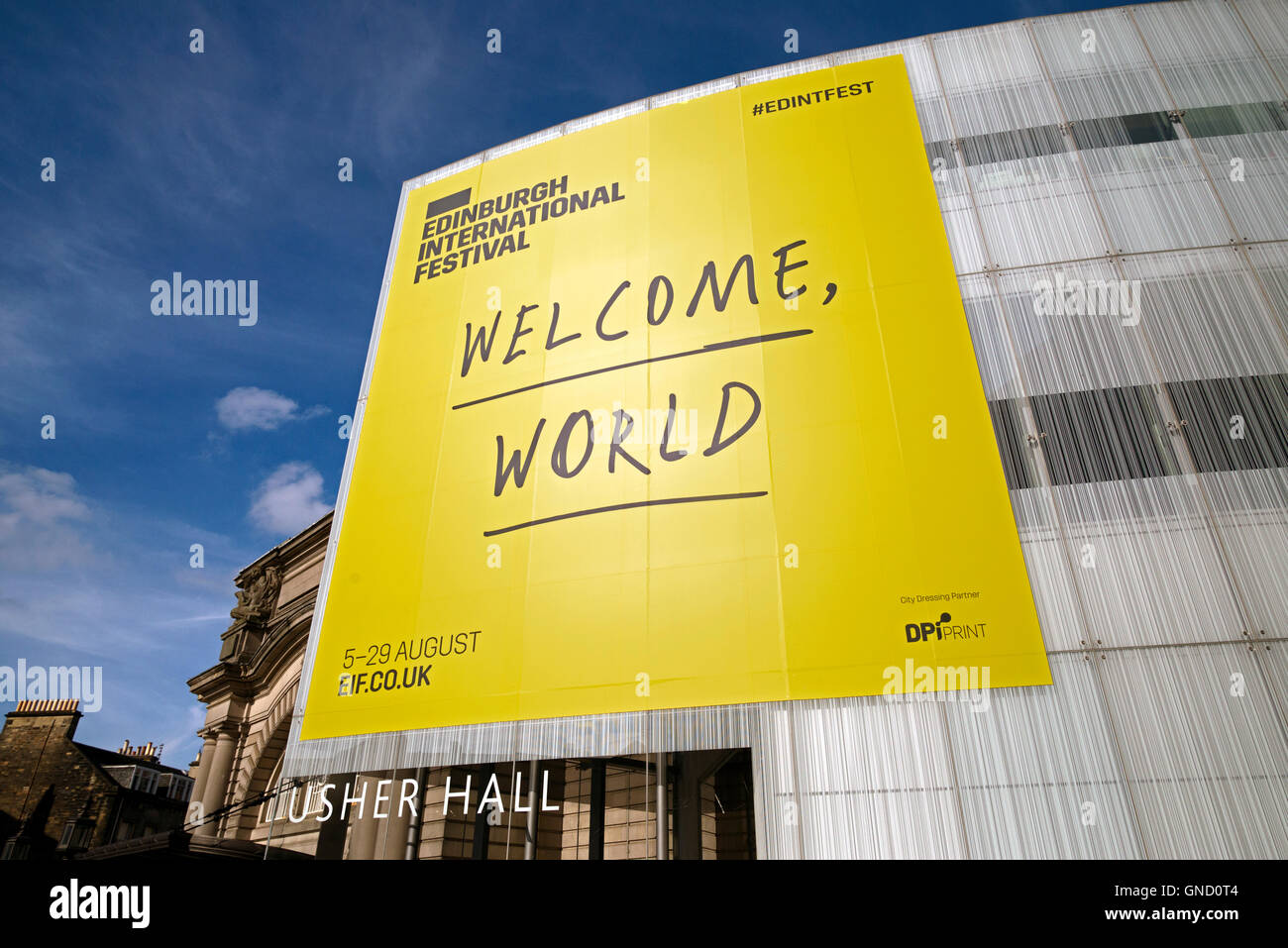 'Welcome World' sign on the Usher Hall during the Edinburgh International Festival. Stock Photo