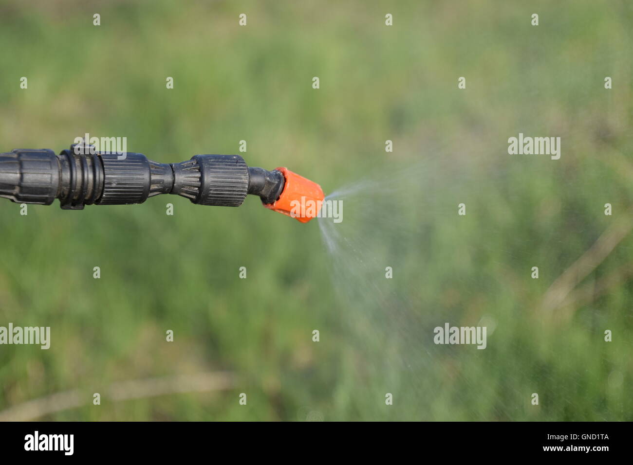 Spraying herbicide from the nozzle of the sprayer manual Stock Photo