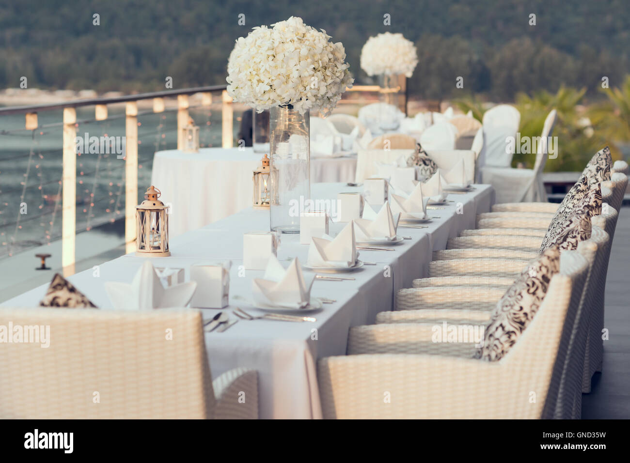 Romantic dinner setup, decoration with candle light. Selective focus