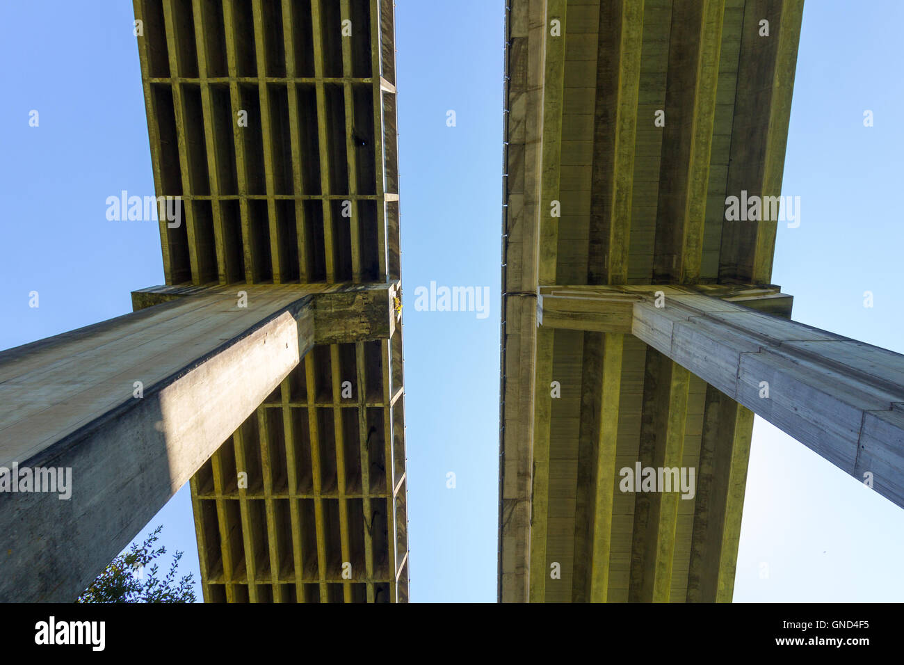 Double bridge wooden supports high Stock Photo
