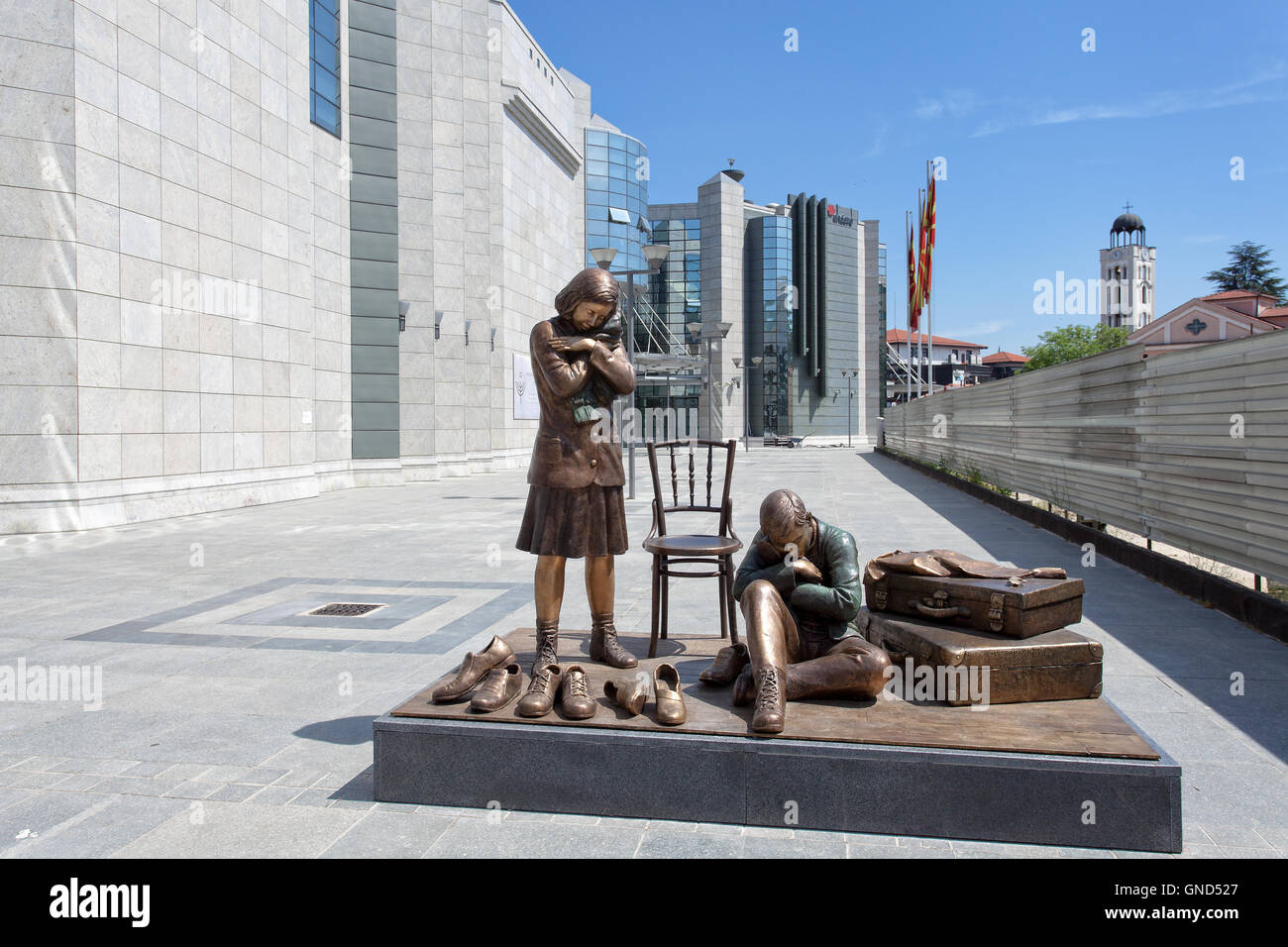 Skopje, Macedonia - May 5th, 2015 : Bronze statue at the entrance of Holocaust Memorial Center for the Jews of Macedonia Stock Photo