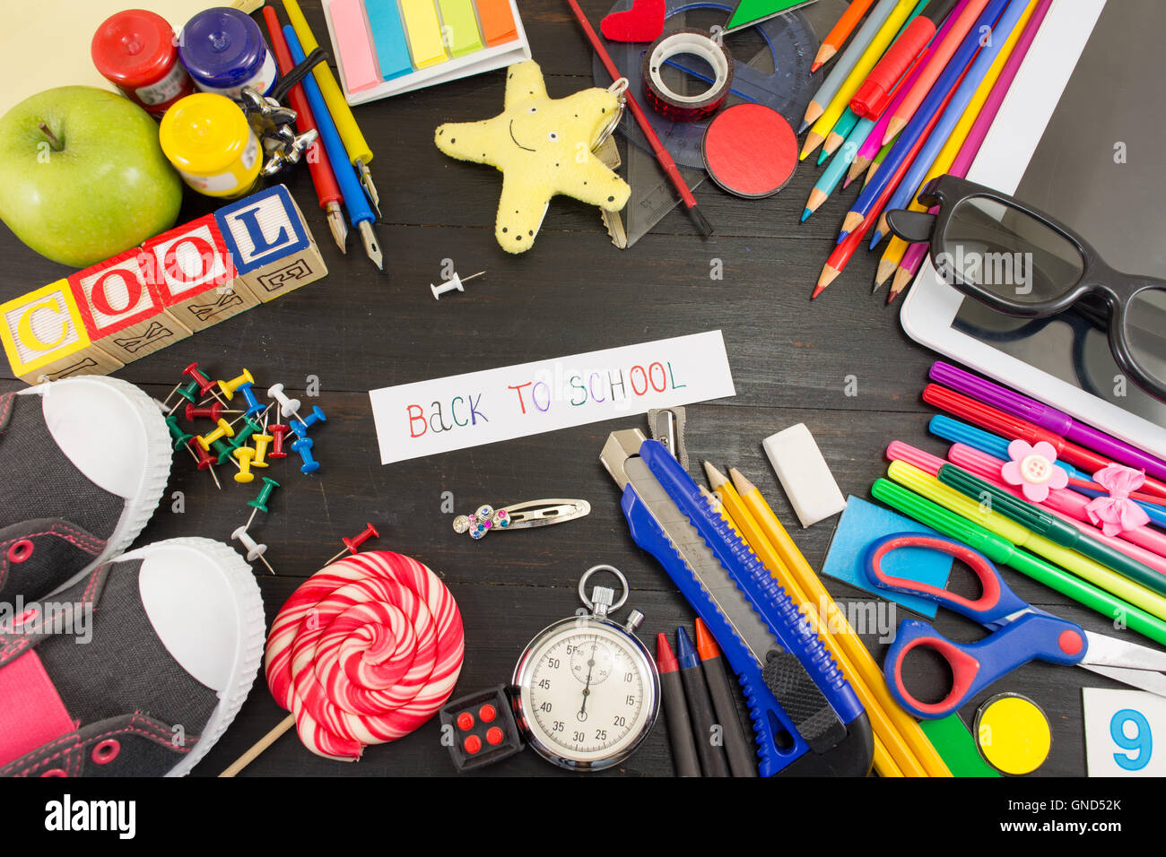 Creative learning objects on a wooden table Stock Photo
