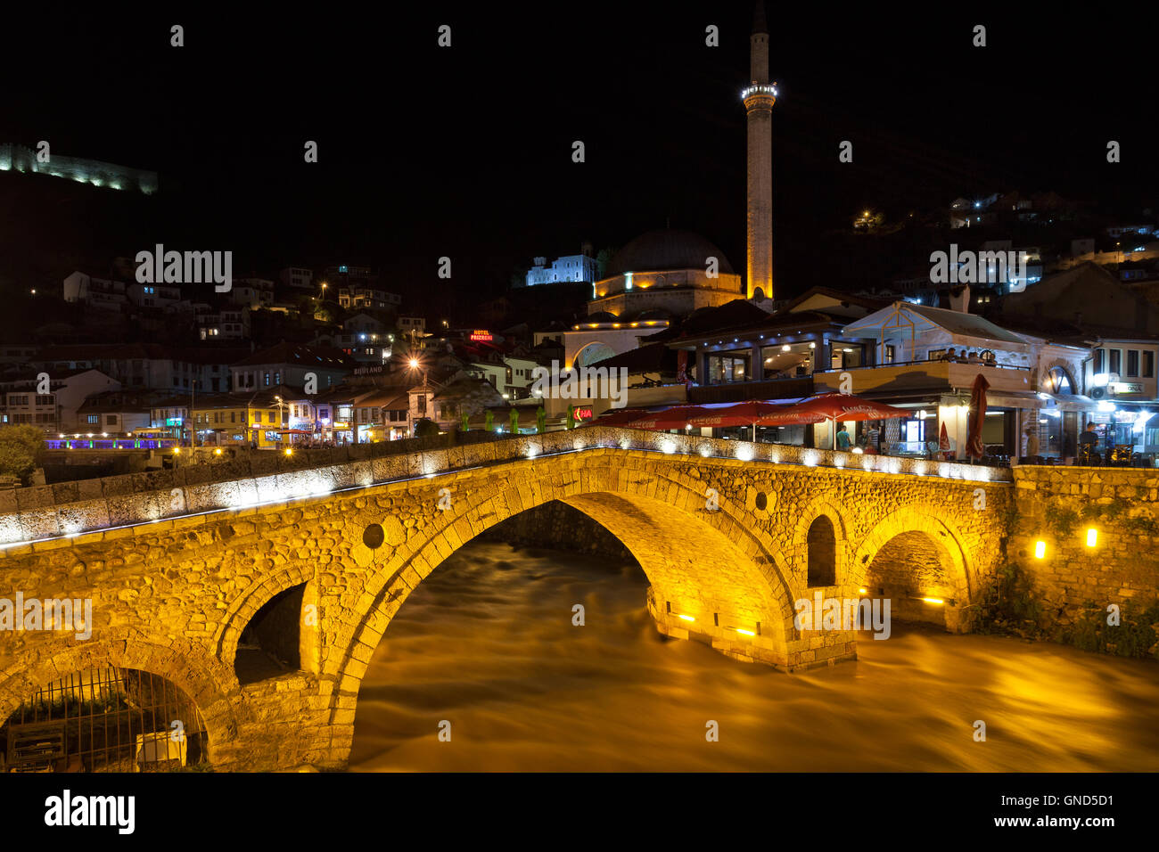 Prizren, Kosovo - May 6, 2015 : Night view of the old bridge over Bistrica river Stock Photo