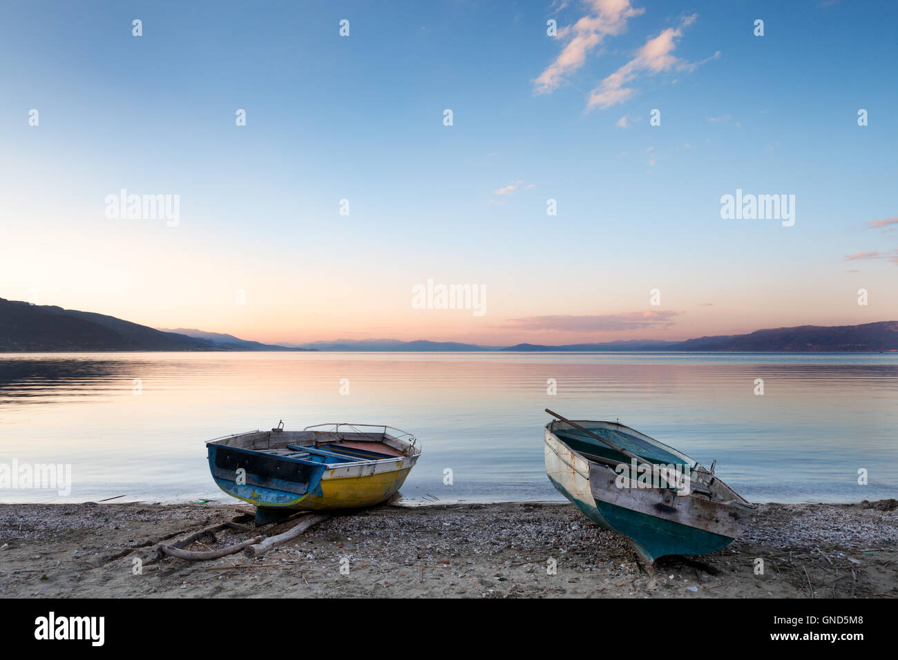 Sunset on Lake Ohrid shore, Pogradec, Albania Stock Photo