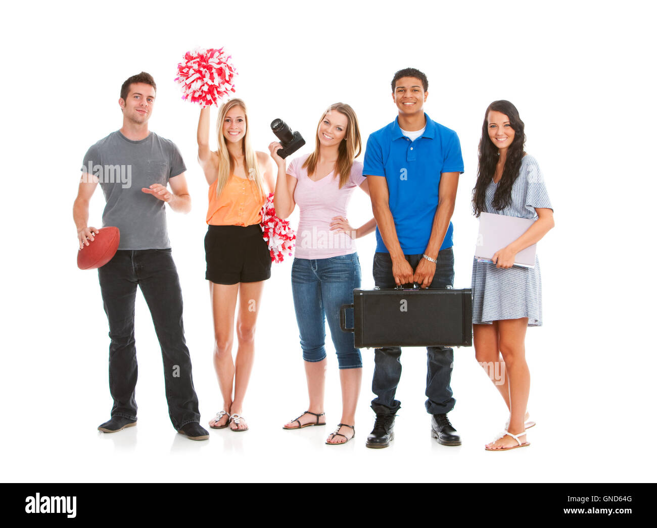 Multi-ethnic group of teens with Caucasian and African-American girls and boys in casual wear. Stock Photo