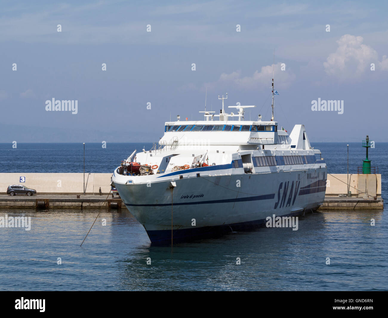 Ferry moored at Marina Piccola in Sorrento, Italy taking holiday makers to the island of Capri or to the city of Naples Stock Photo