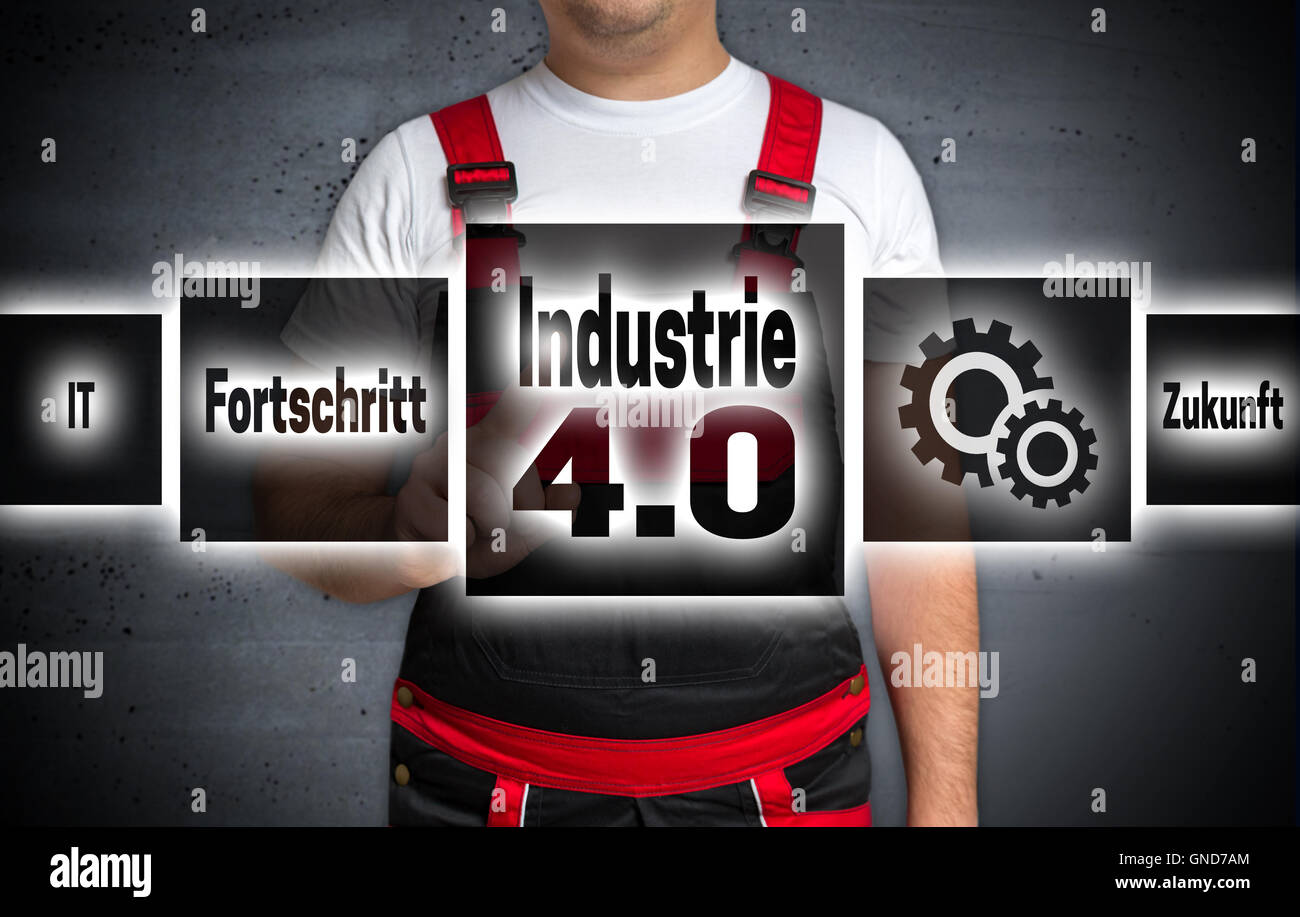 Industrie 4.0 (in german industry Progress future) touchscreen is operated by craftsman. Stock Photo