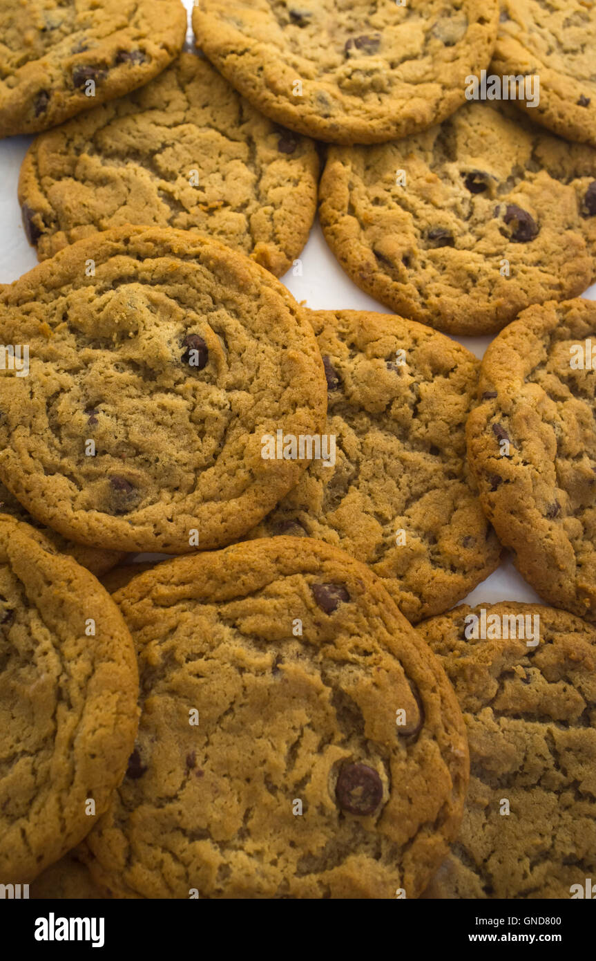 Bakery fresh chocolate chip cookies stacked in a display Stock Photo