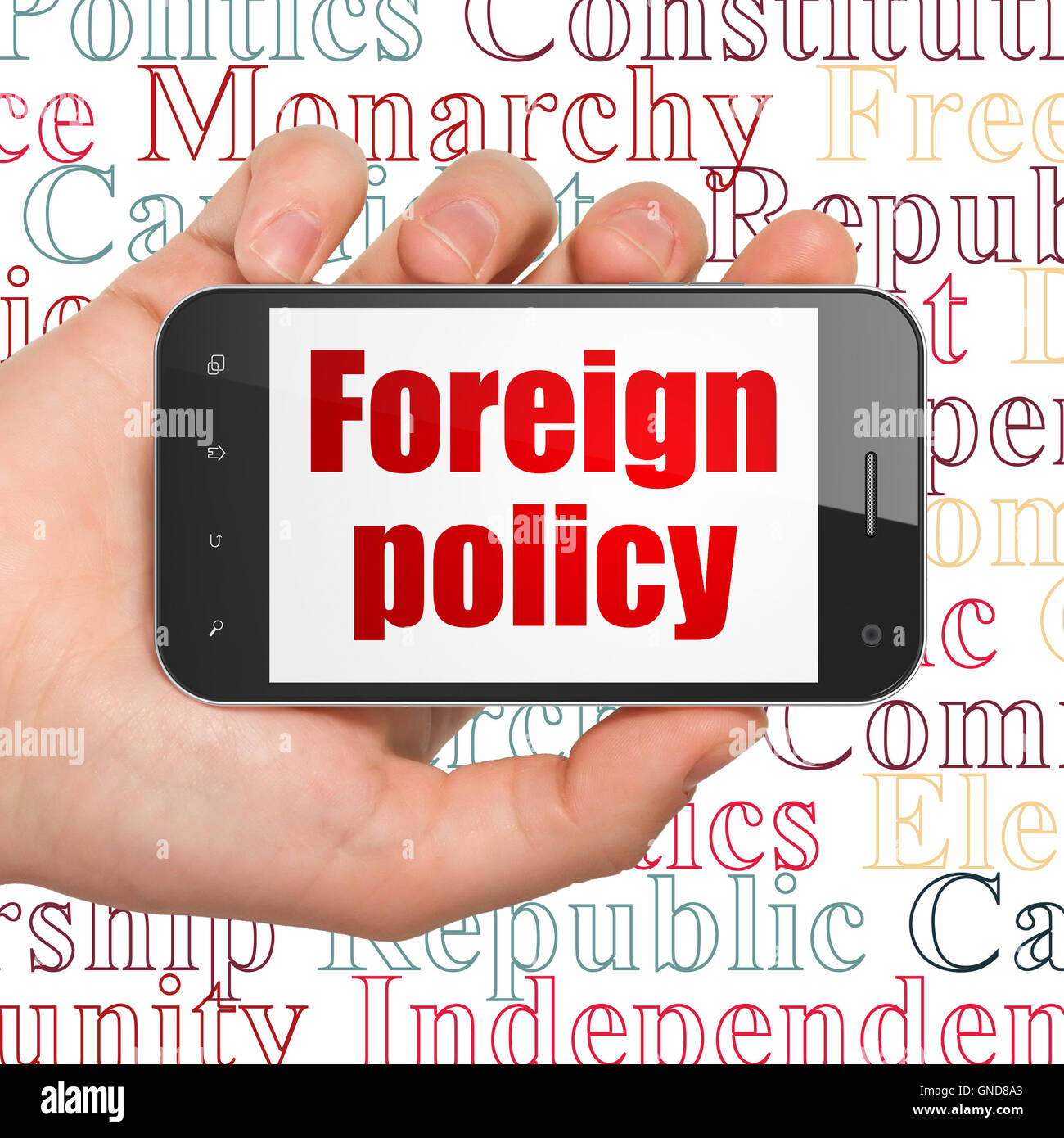 Political concept: Hand Holding Smartphone with Foreign Policy on ...