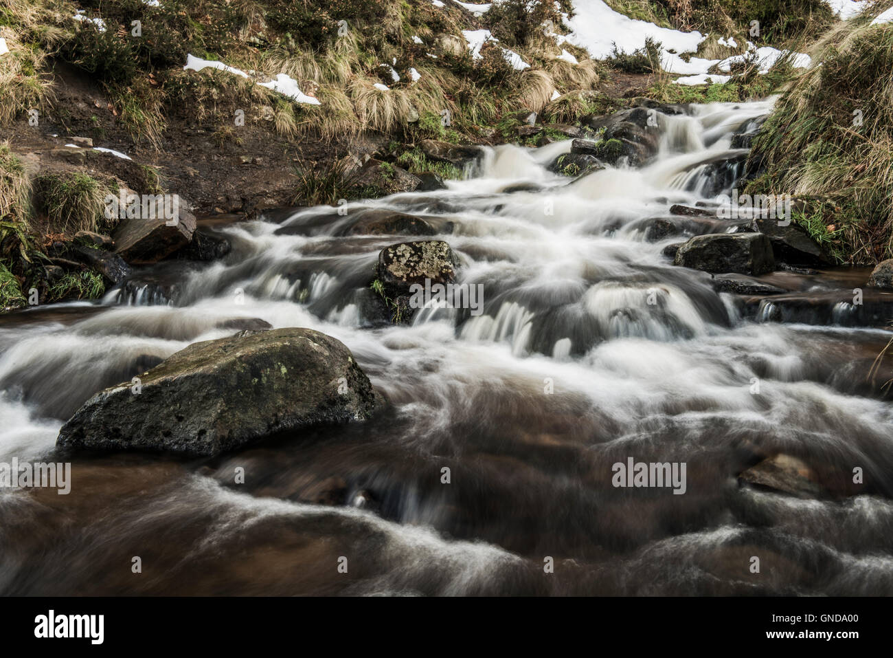 Long exposure shot of Grindsbrook waterfalls in Edale, Derbyshire Stock Photo