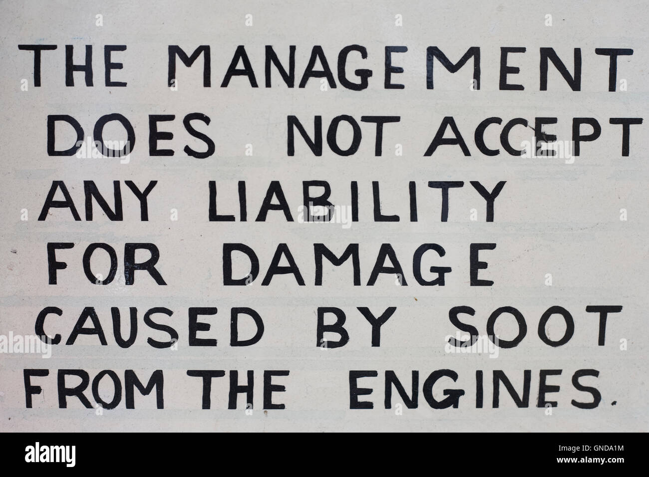 Liability disclaimer notice at Hollycombe working steam museum Stock Photo