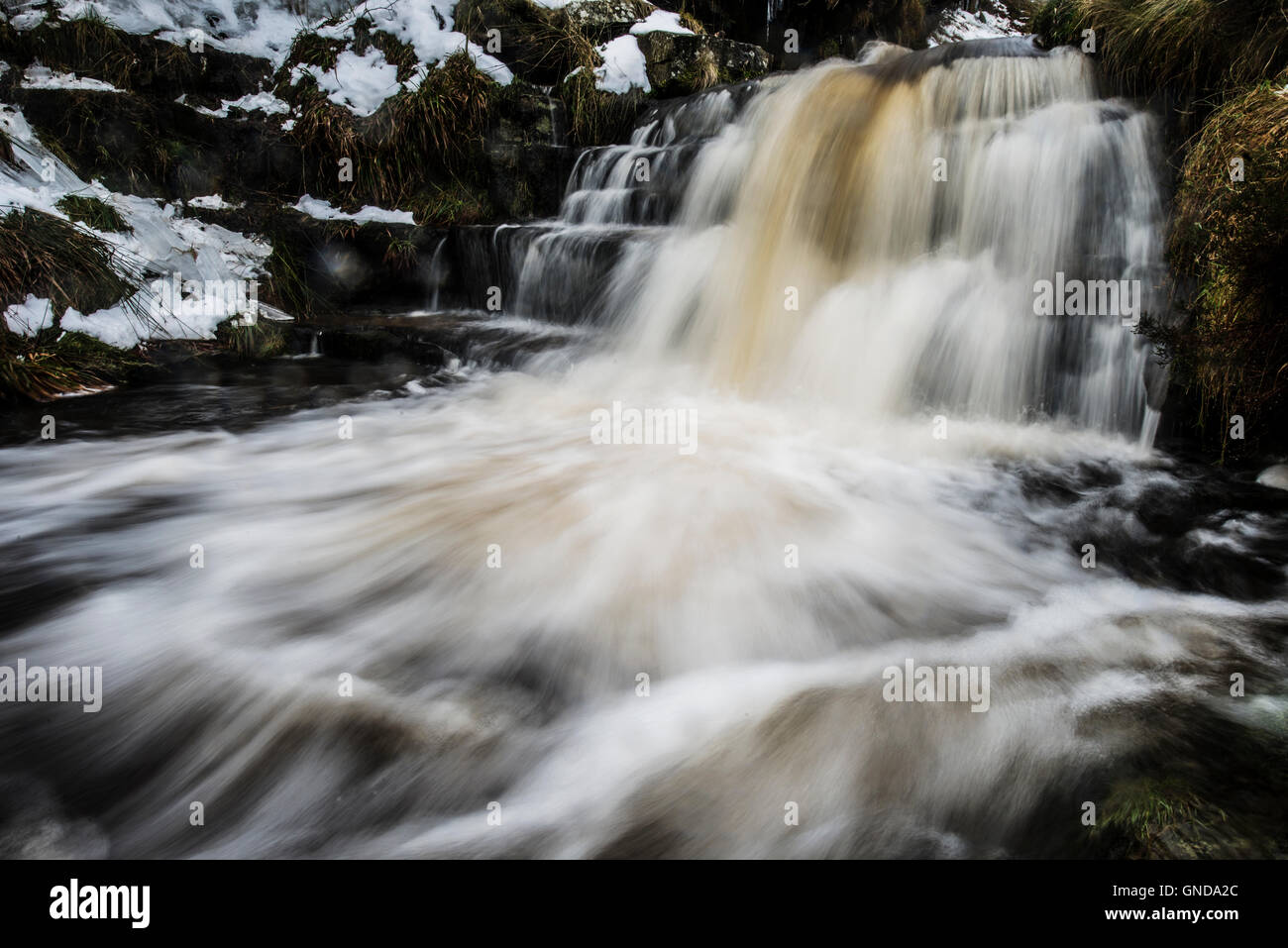 Long exposure shot of Grindsbrook waterfalls in Edale, Derbyshire Stock Photo