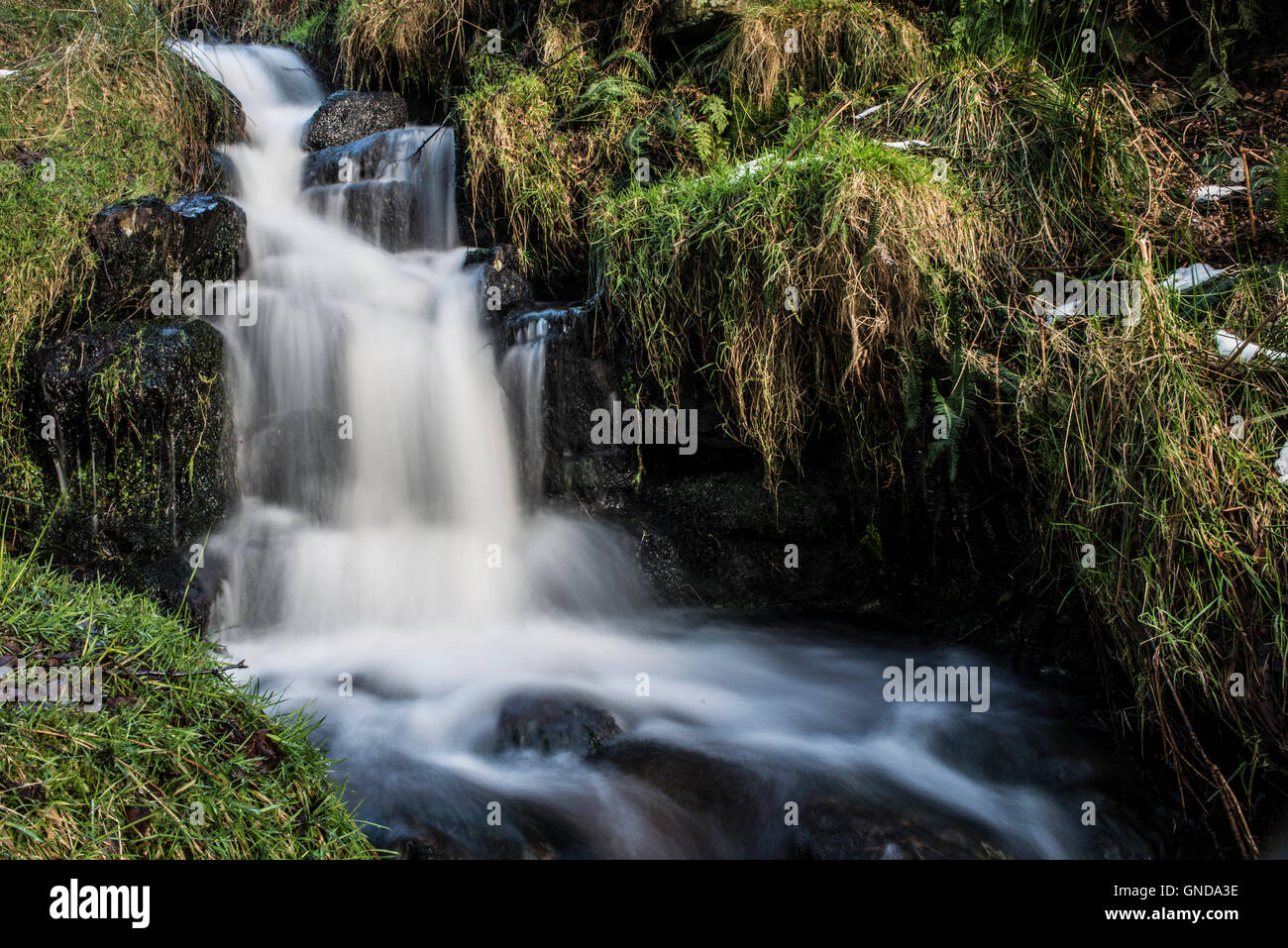 Long exposure shot of Grindsbrook waterfalls in Edale, Derbyshire Stock Photo