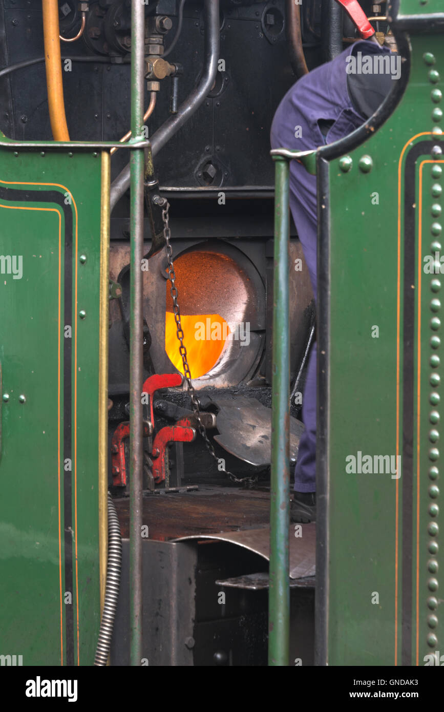 The open firebox of 6960 Raveningham Hall as the train prepares to