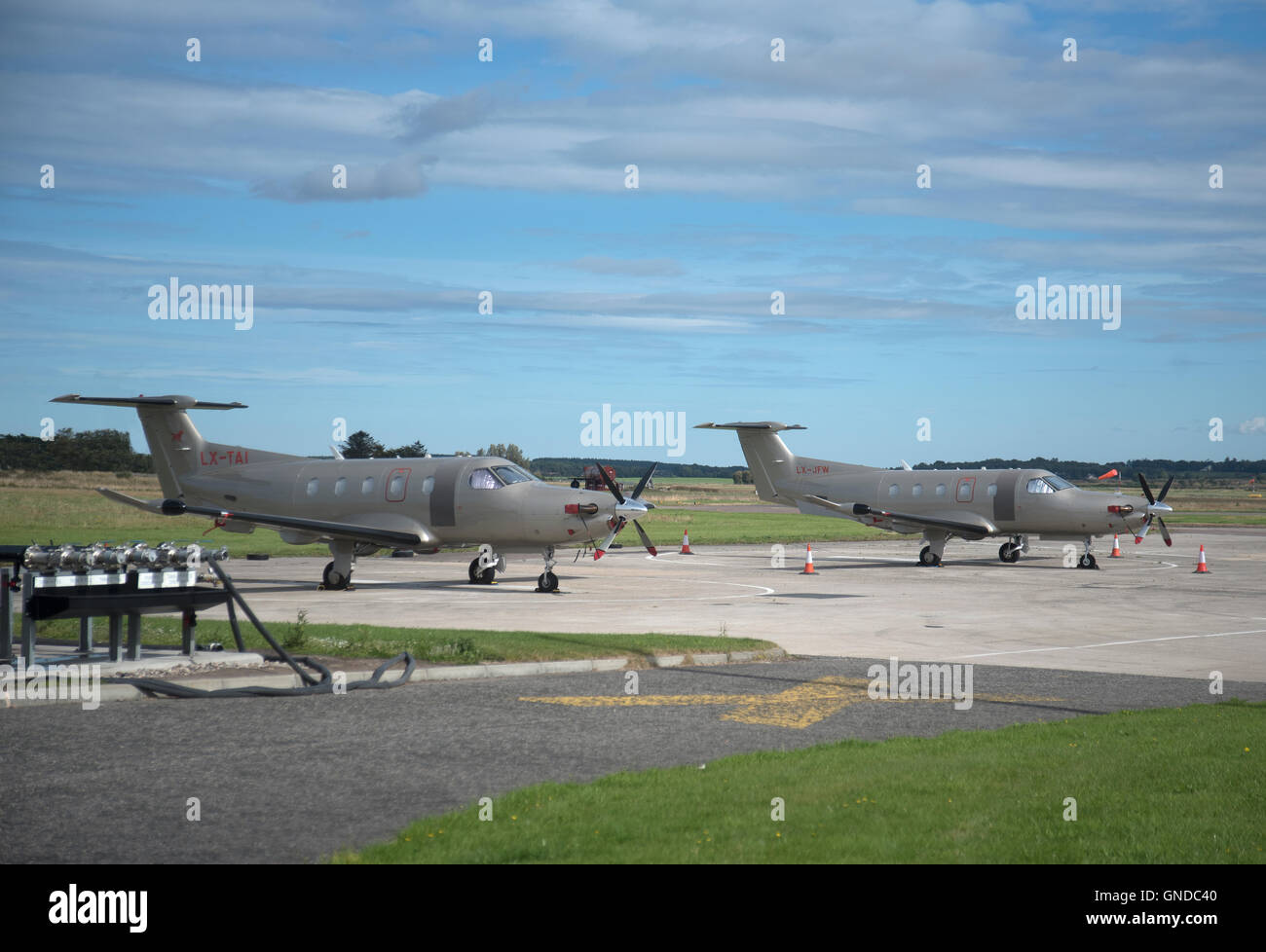 Pilatus PC-12/47E Passenger and cargo aircraft Registrations LX-TAI & LX-JFW  SCO 11,218. Stock Photo