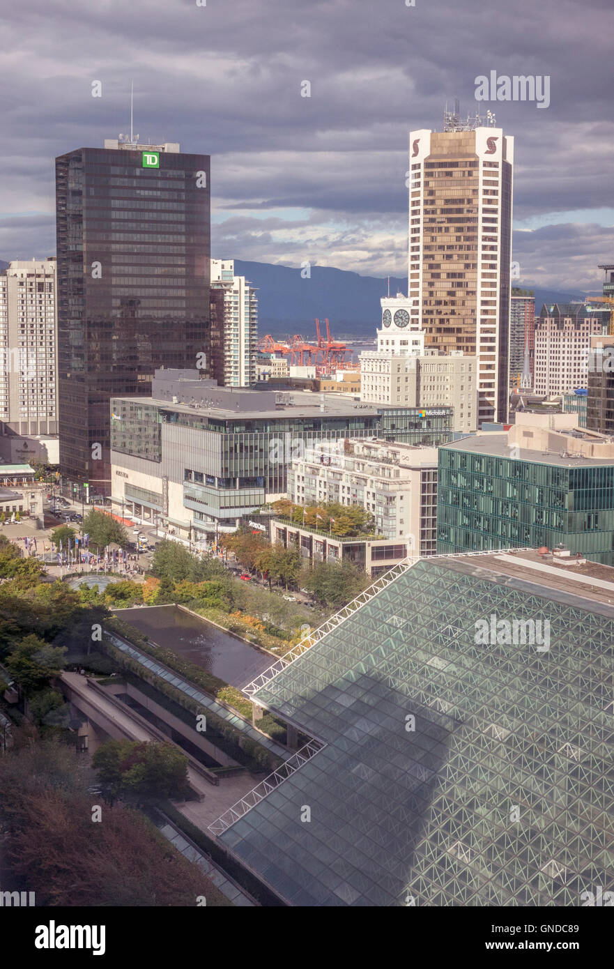 Aerial View Of Vancouver Downtown City Skyline With Skyscraper ...
