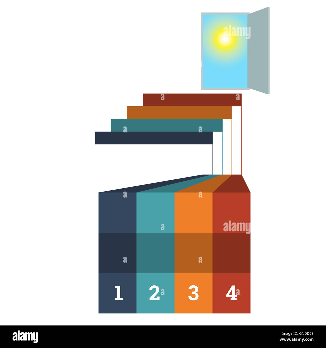 Abstract illustration template steps up ladders and doorway, sky, sun, startup with four steps or processes Stock Photo