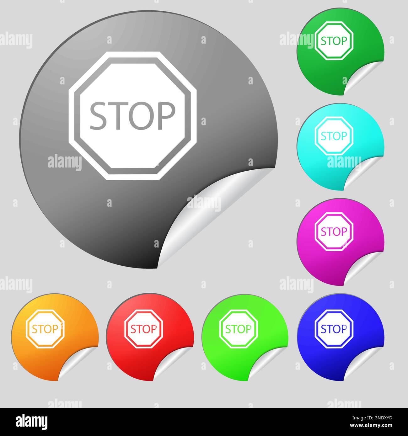 Stop icon sign. Set of eight multi colored round buttons, stickers. Vector Stock Vector