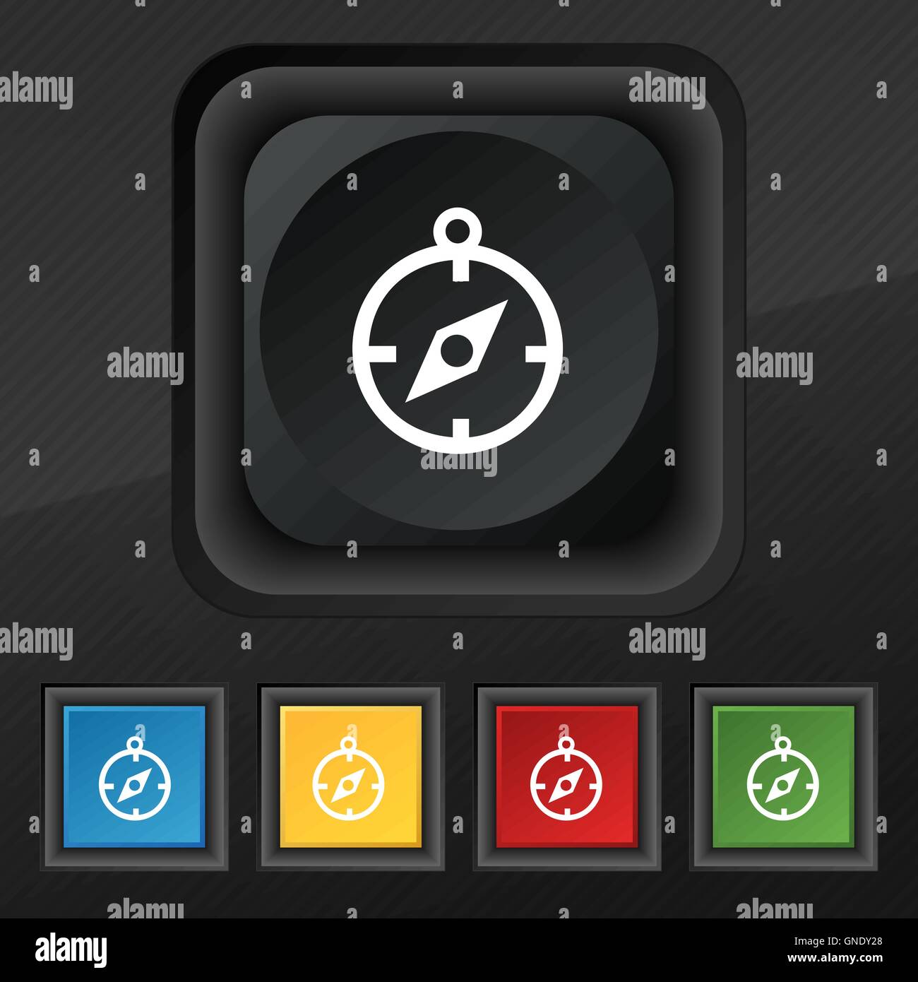 Compass icon symbol. Set of five colorful, stylish buttons on black ...