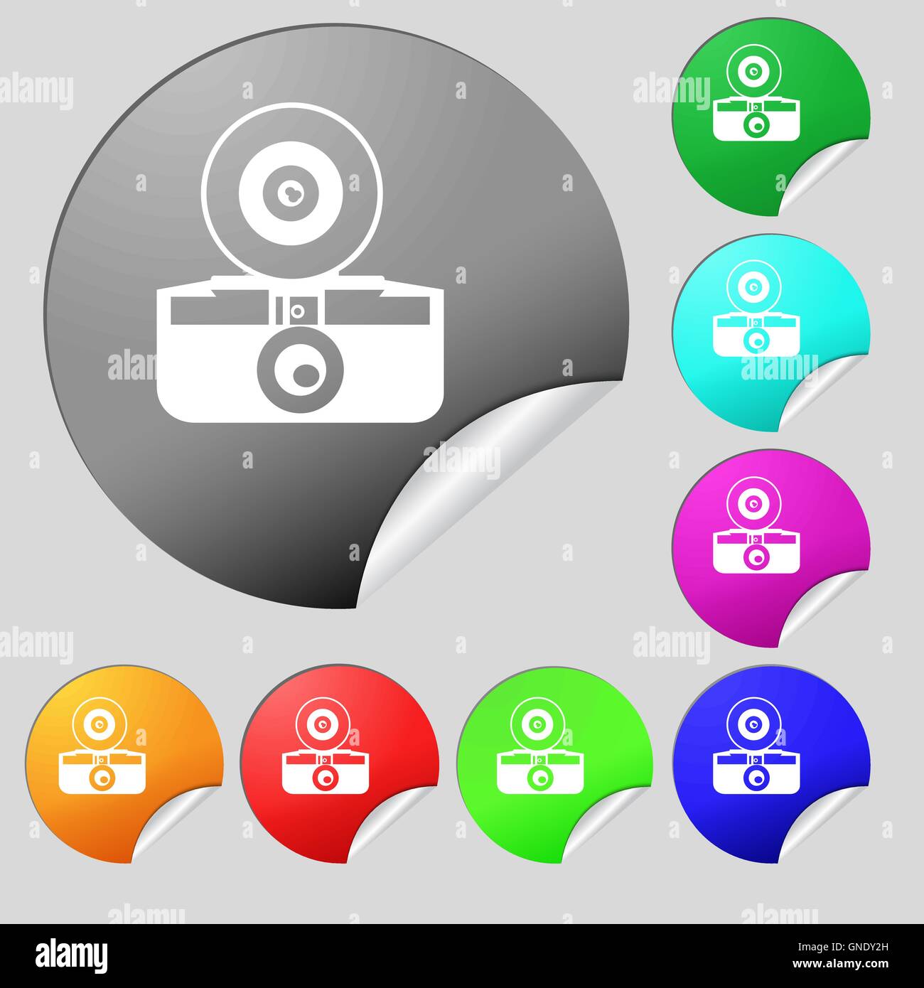retro photo camera icon sign. Set of eight multi colored round buttons ...