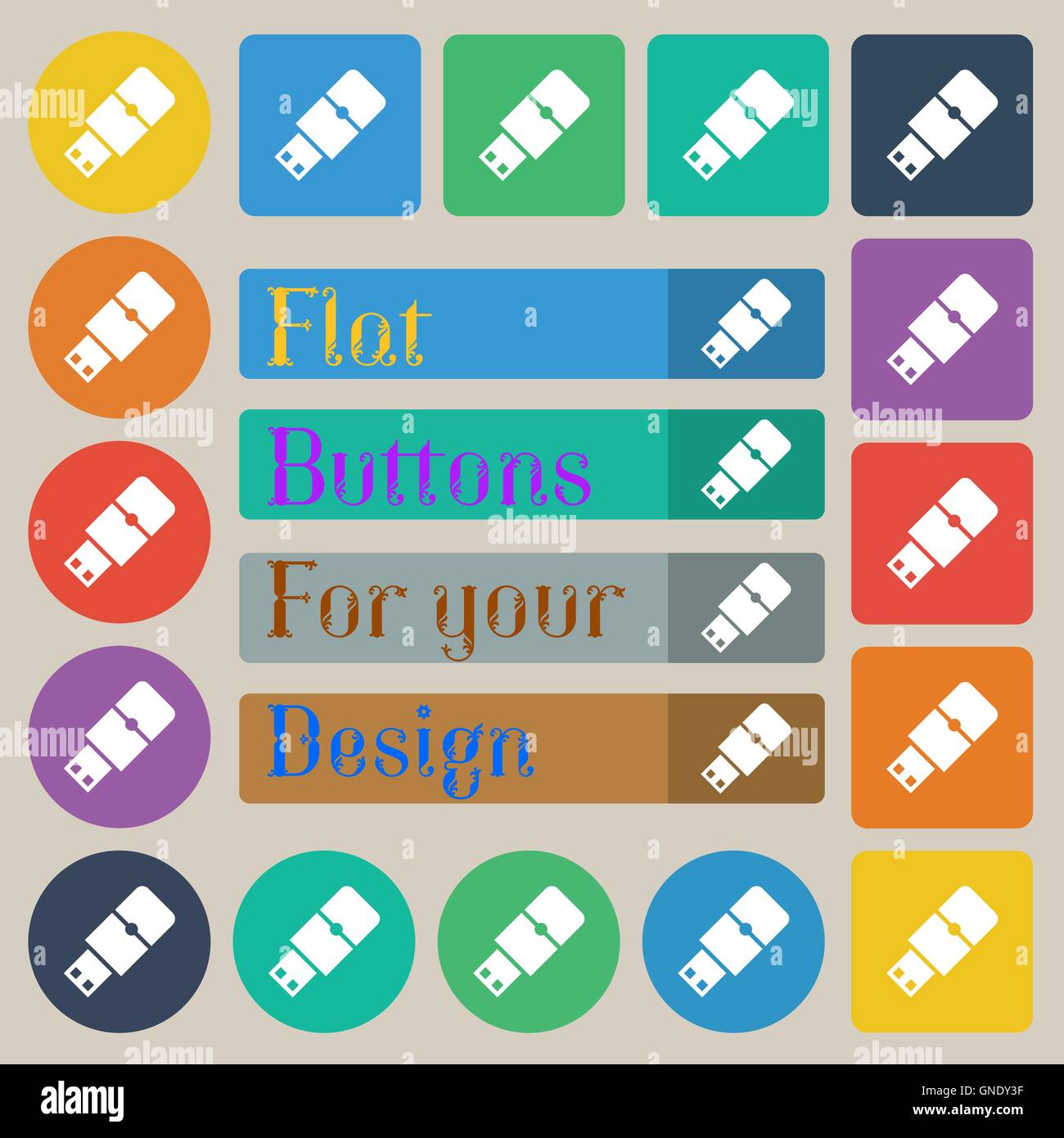 USB flash icon sign. Set of twenty colored flat, round, square and ...
