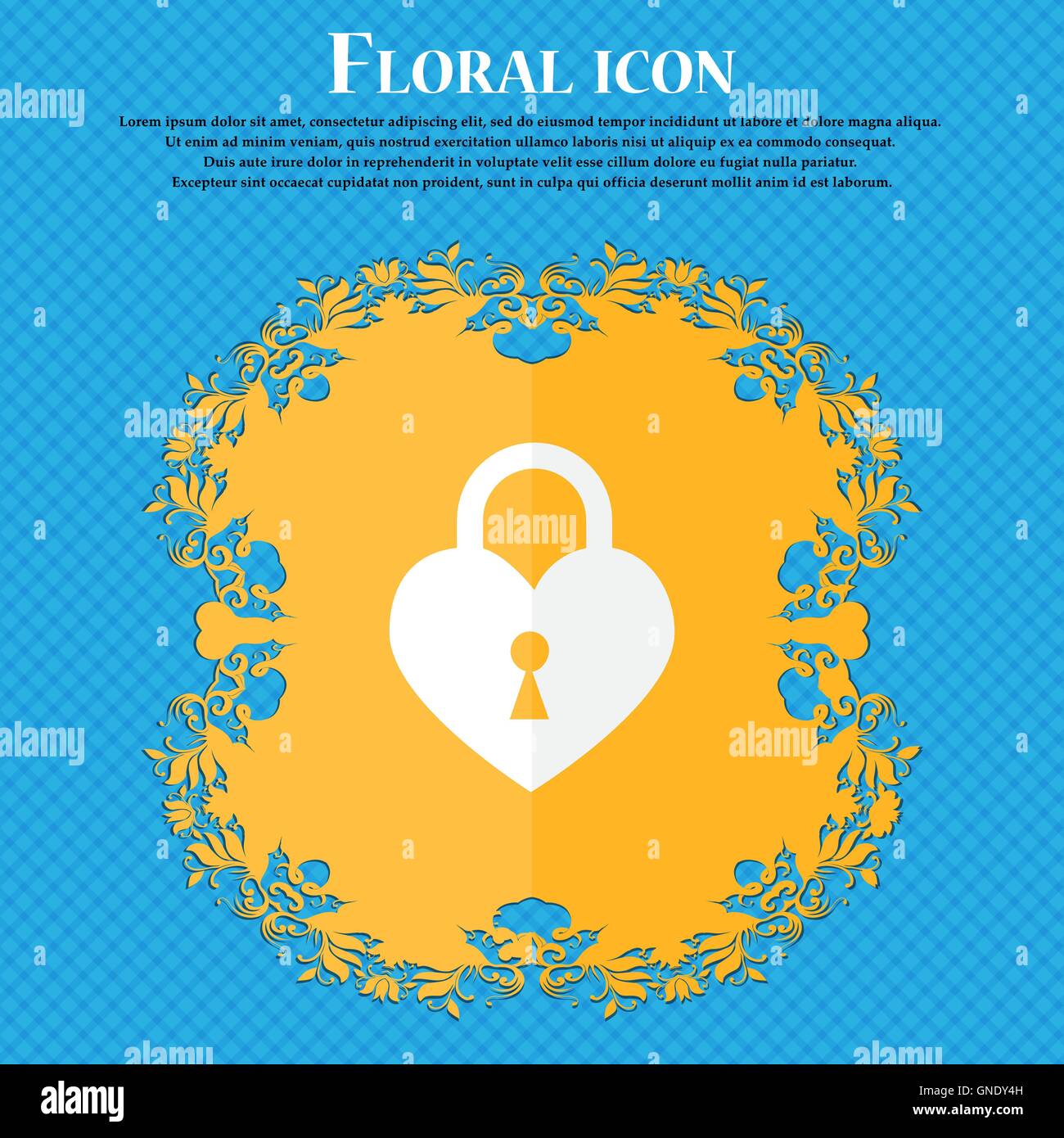 Lock in the shape of heart icon. Floral flat design on a blue abstract background with place for your text. Vector Stock Vector