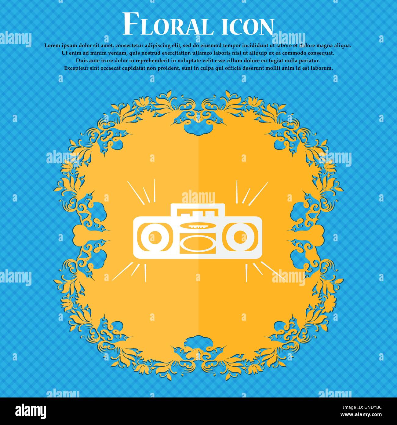 Radio cassette player icon. Floral flat design on a blue abstract ...