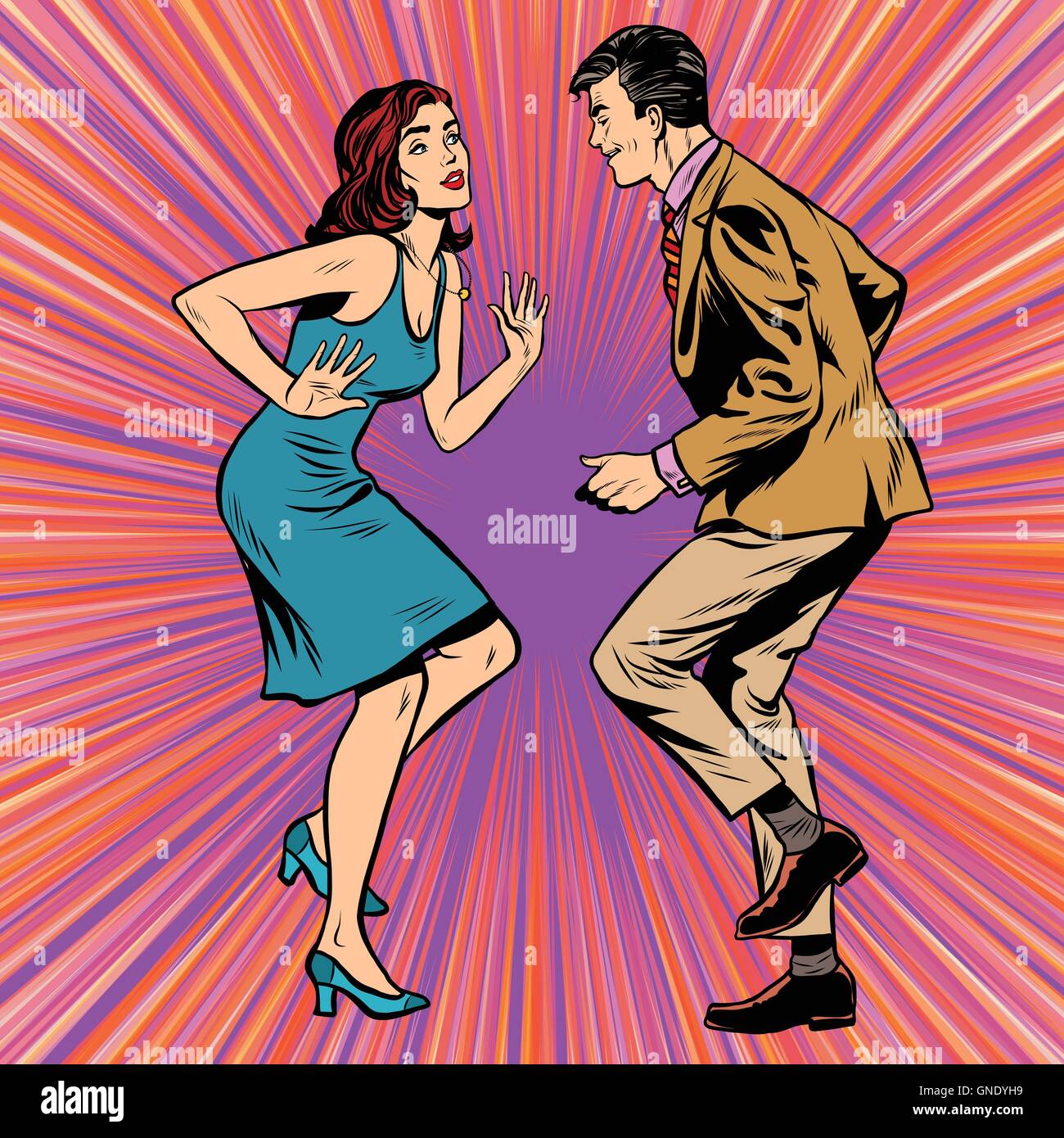 Retro man and woman dancing pop art Stock Vector