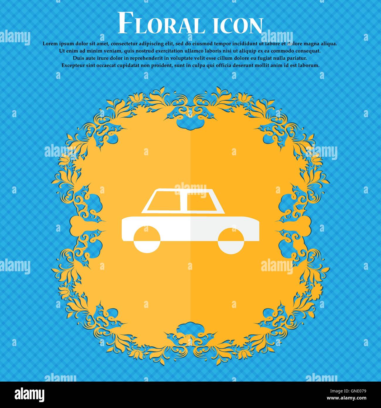 Car icon. Floral flat design on a blue abstract background with place ...