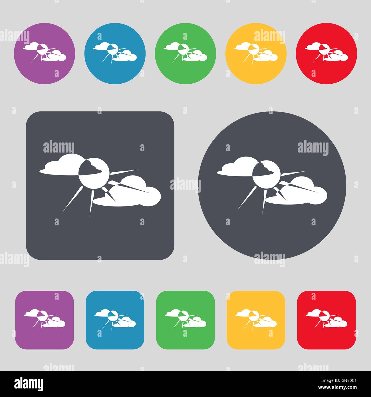 sun behind cloud icon sign. A set of 12 colored buttons. Flat design ...