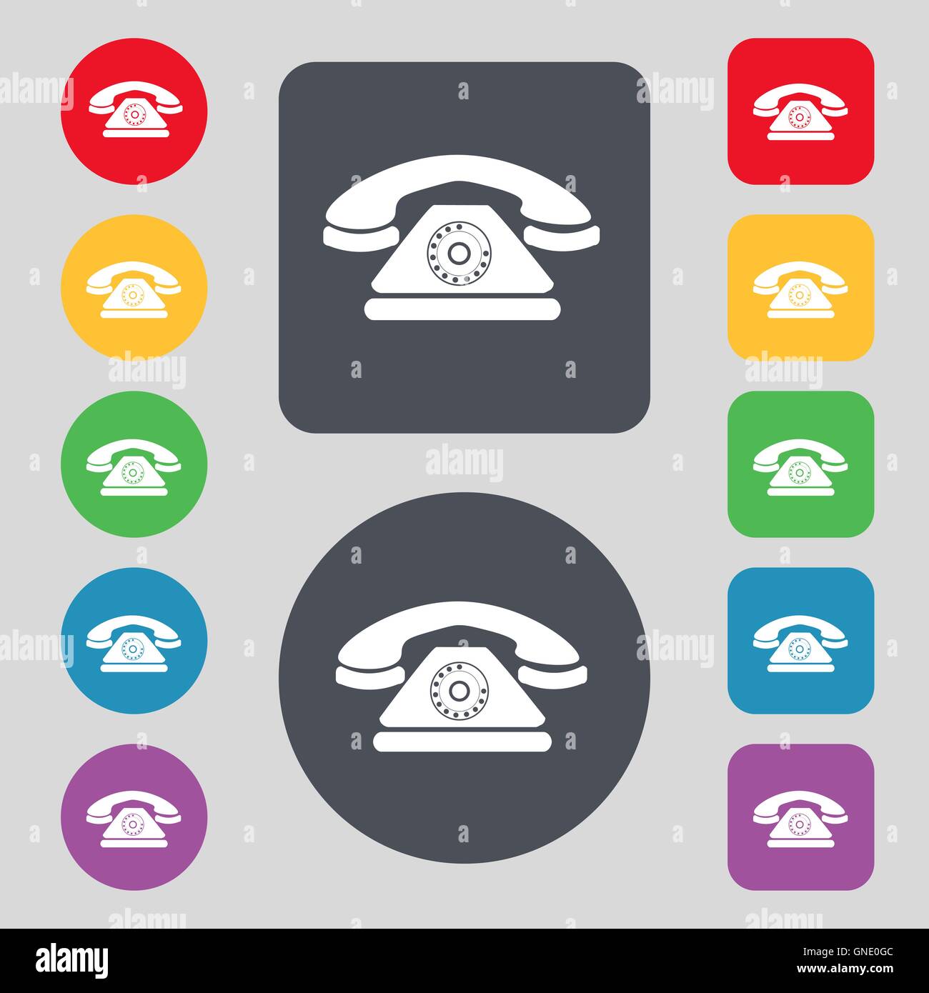 Retro telephone icon sign. A set of 12 colored buttons and a long ...