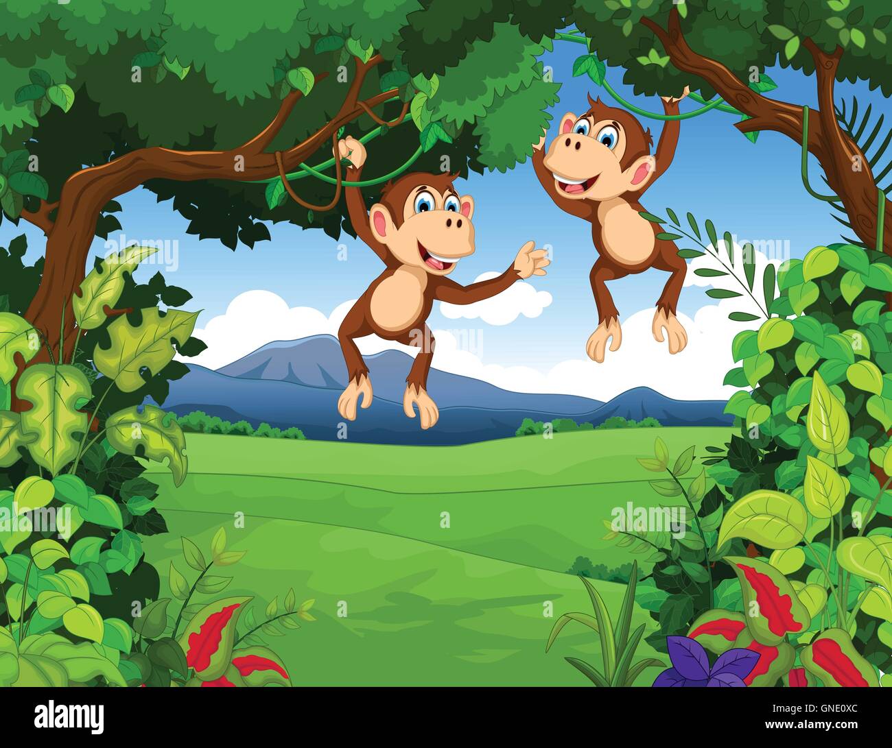 monkey cartoon with landscape background Stock Vector Image & Art - Alamy