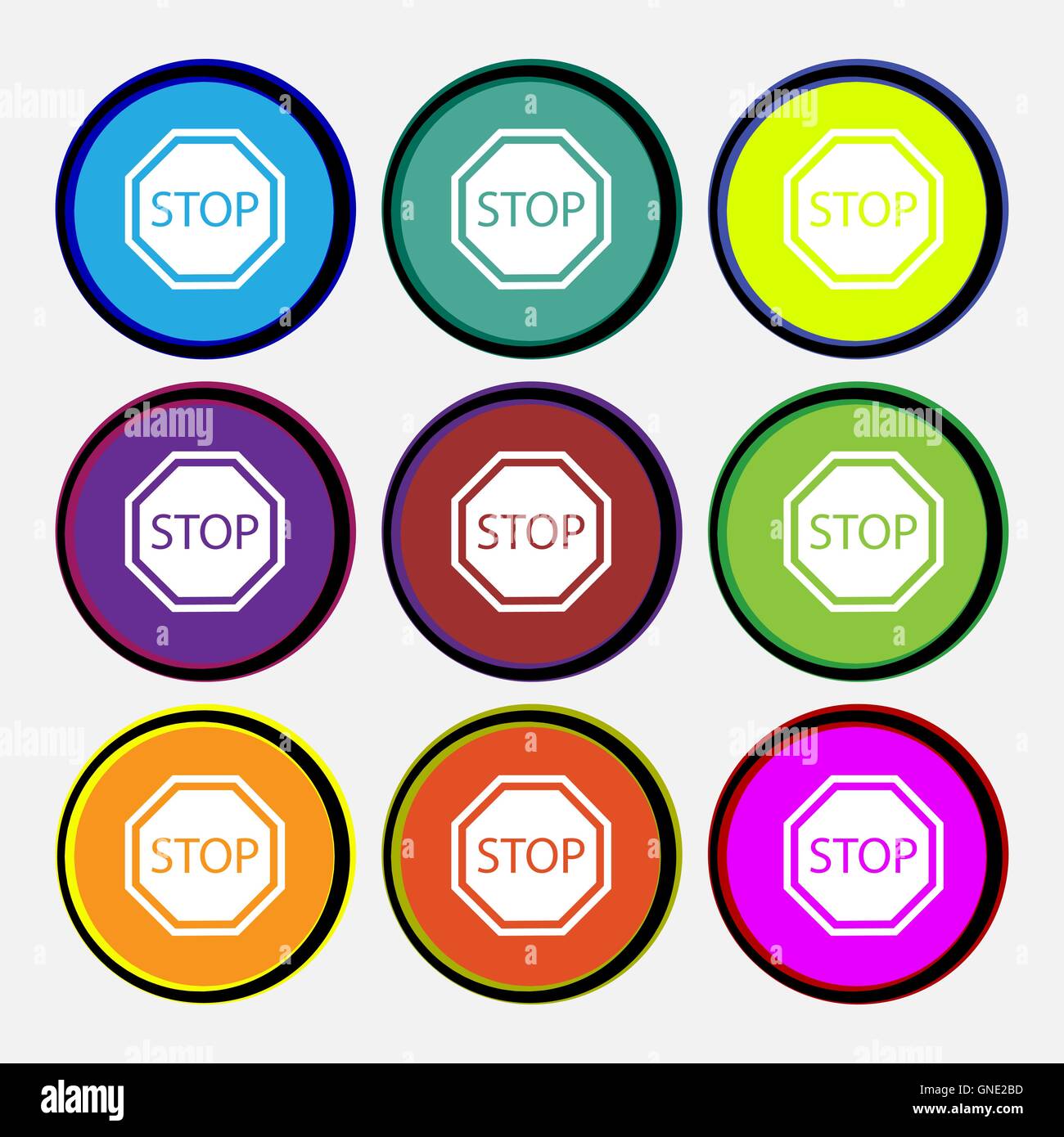 Stop icon sign. Nine multi colored round buttons. Vector Stock Vector
