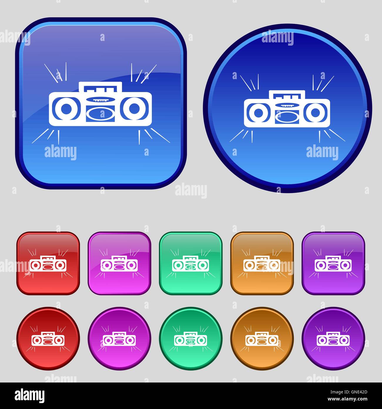 Radio cassette player icon sign. A set of twelve vintage buttons for ...