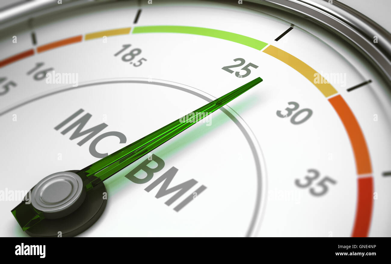 3D illustration of a BMI calculator dial with the needdle pointine between 25 and 30. Concept of body mass index measurement. Stock Photo