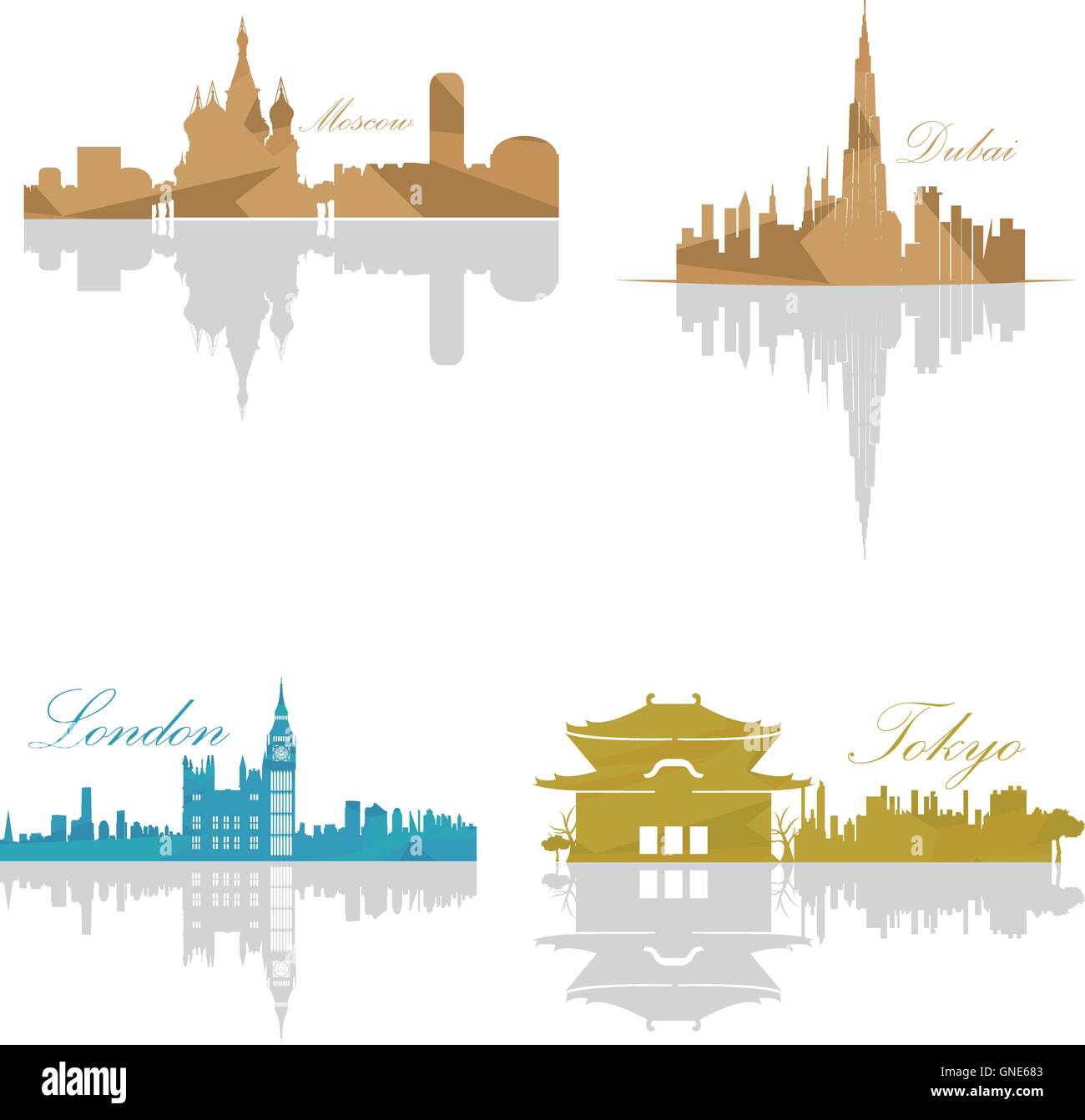 Set of Skylines, Moscow, Dubai, London, Tokyo, Vector illustration Stock Vector