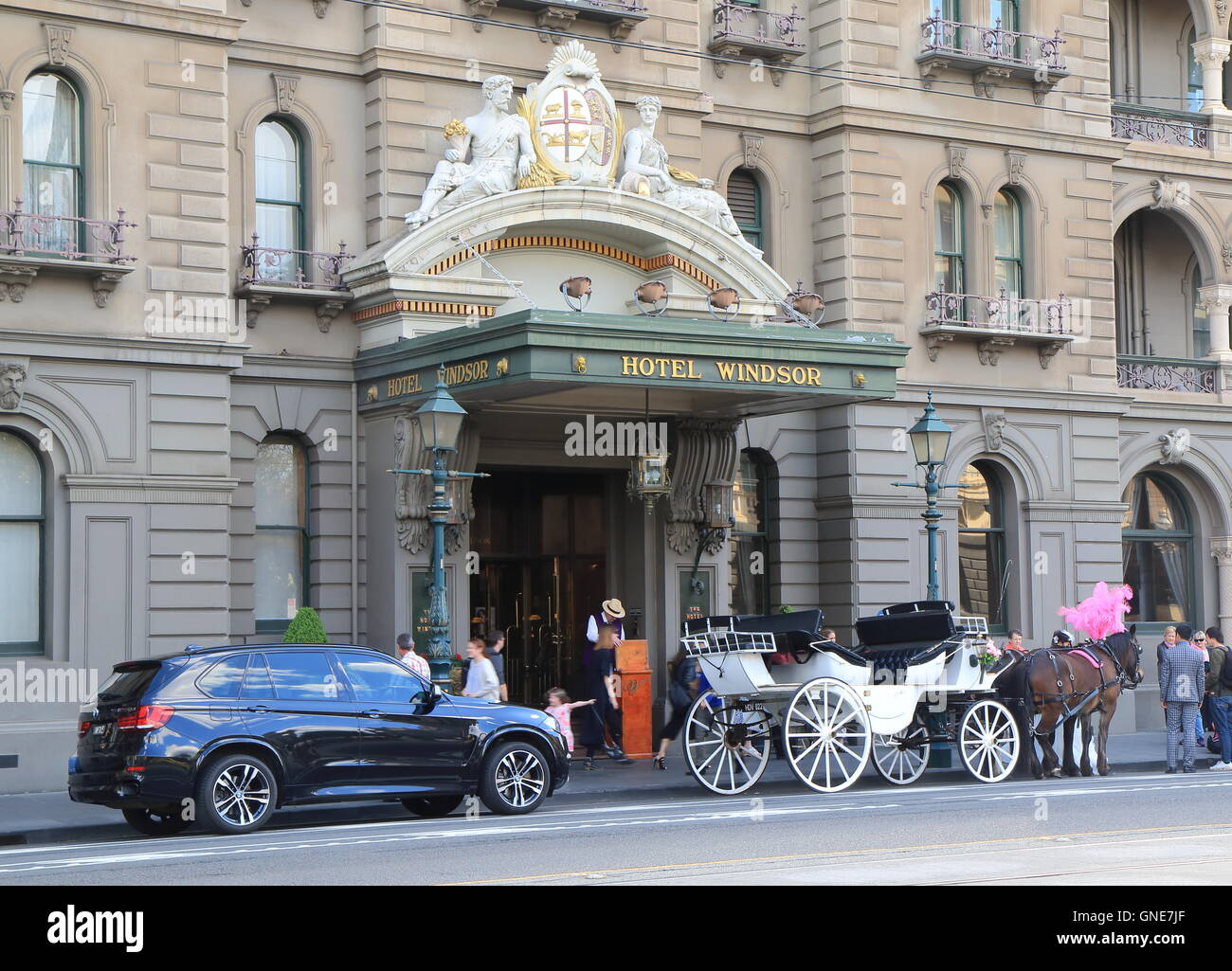 Horse carriage parks at The Hotel Windsor in Melbourne Australia Stock Photo