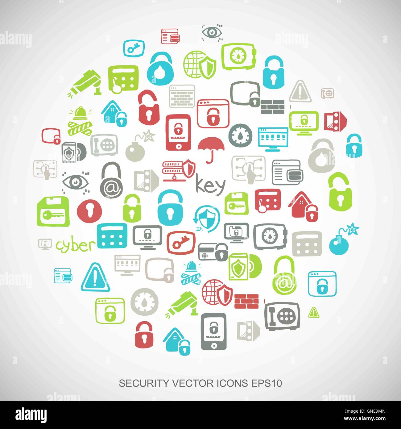 Multicolor doodles Hand Drawn Security Icons set on White. EPS10 vector illustration. Stock Vector