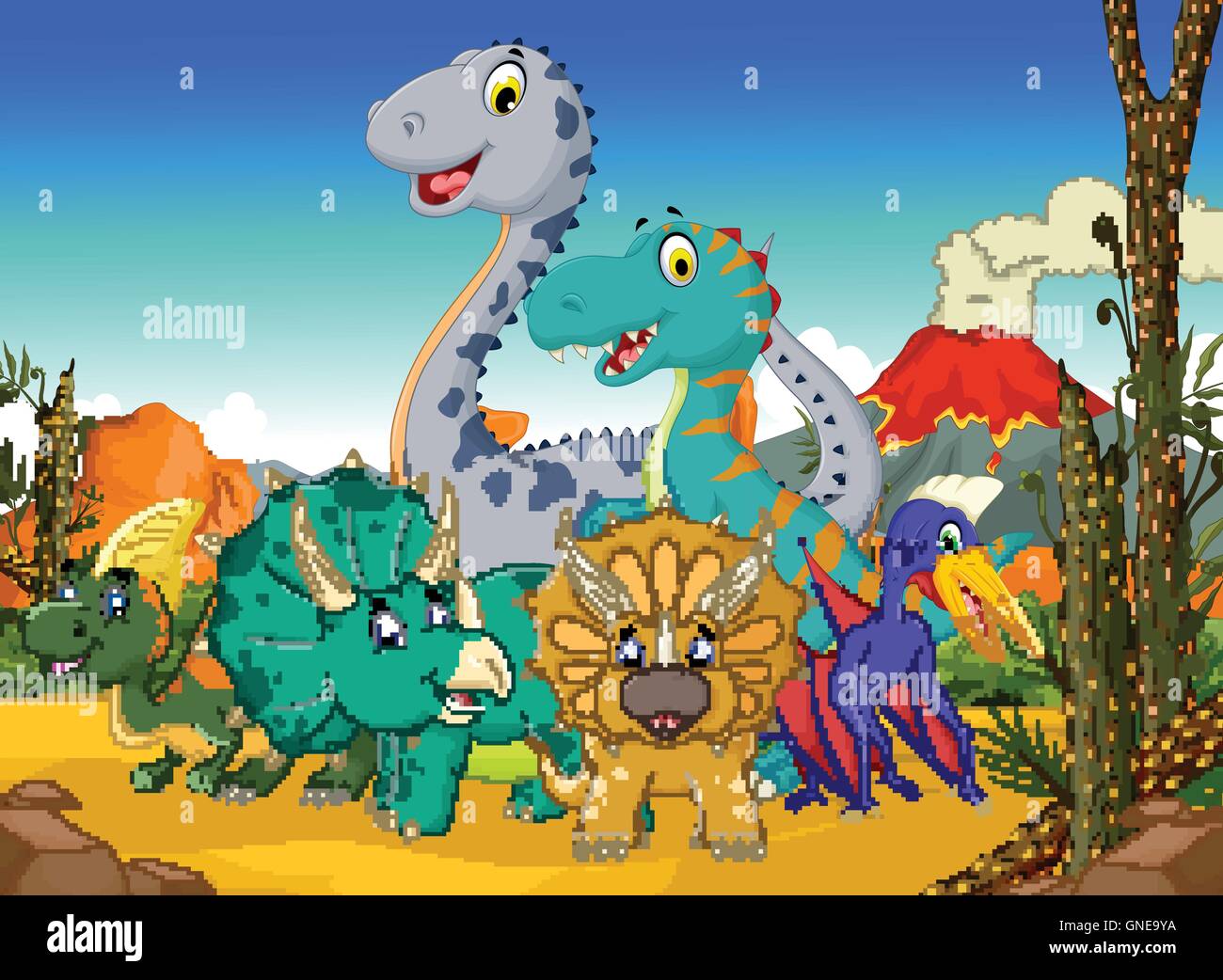 funny dinosaur cartoon in the jungle with volcano landscape background