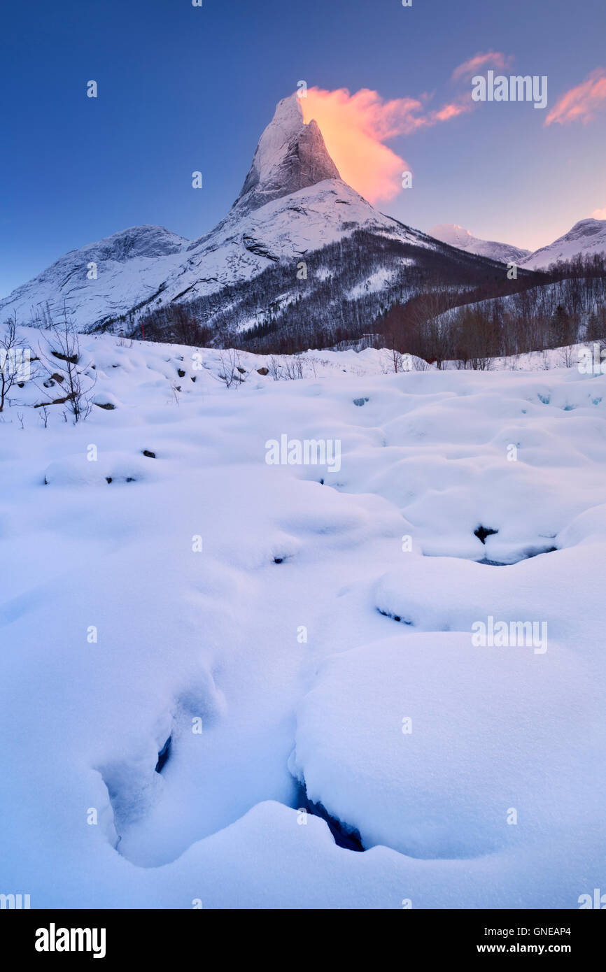 Sunrise at Stetind mountain in Norway on a beautiful cold day in winter. Stock Photo