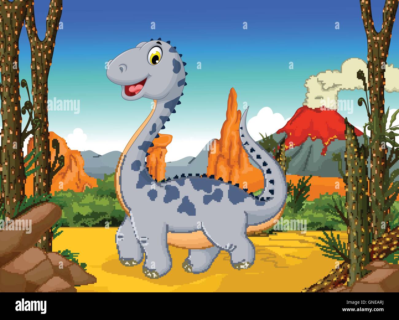 cute dinosaur cartoon  with volcano landscape background Stock Vector